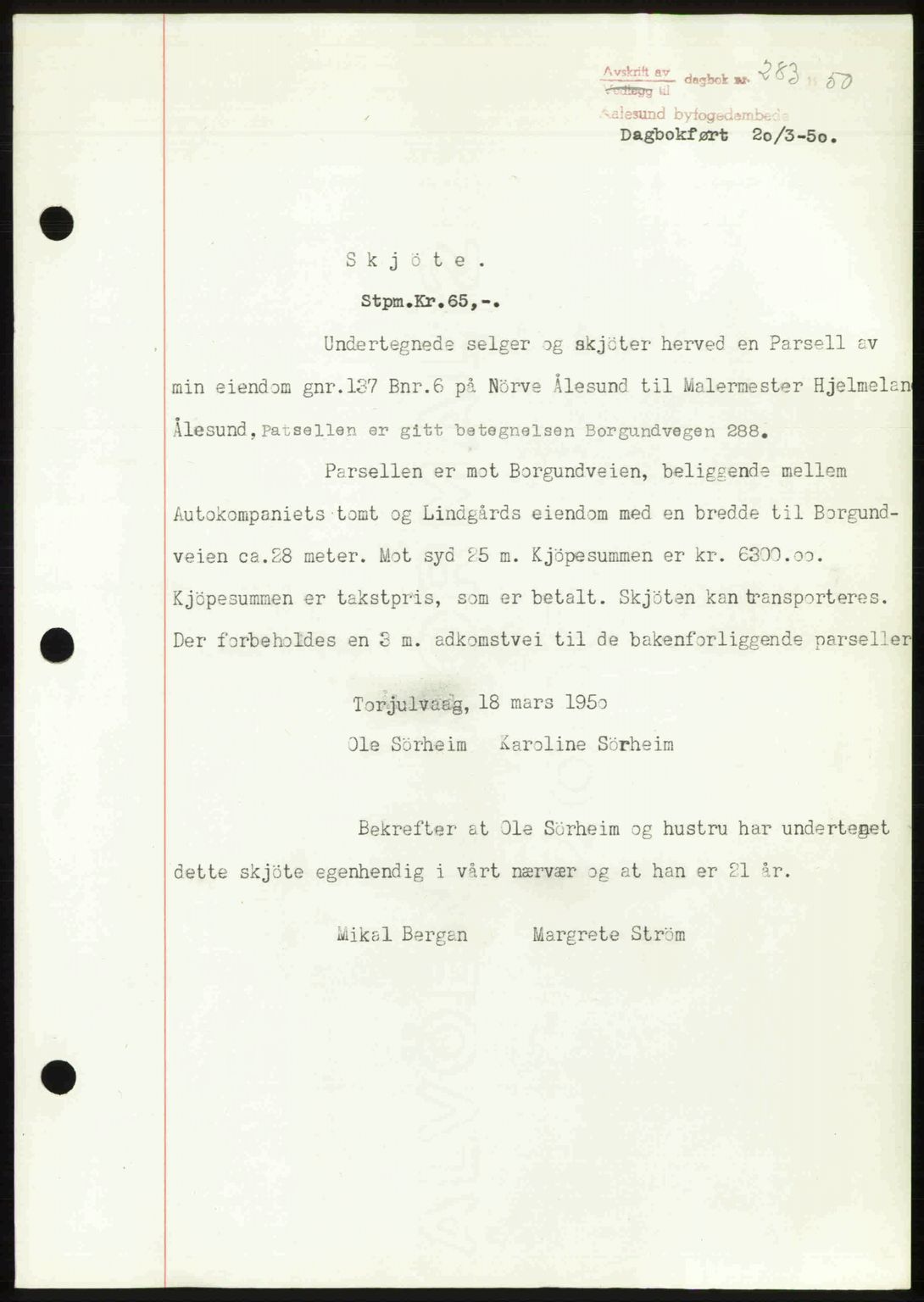 Ålesund byfogd, AV/SAT-A-4384: Pantebok nr. 37A (2), 1949-1950, Dagboknr: 283/1950