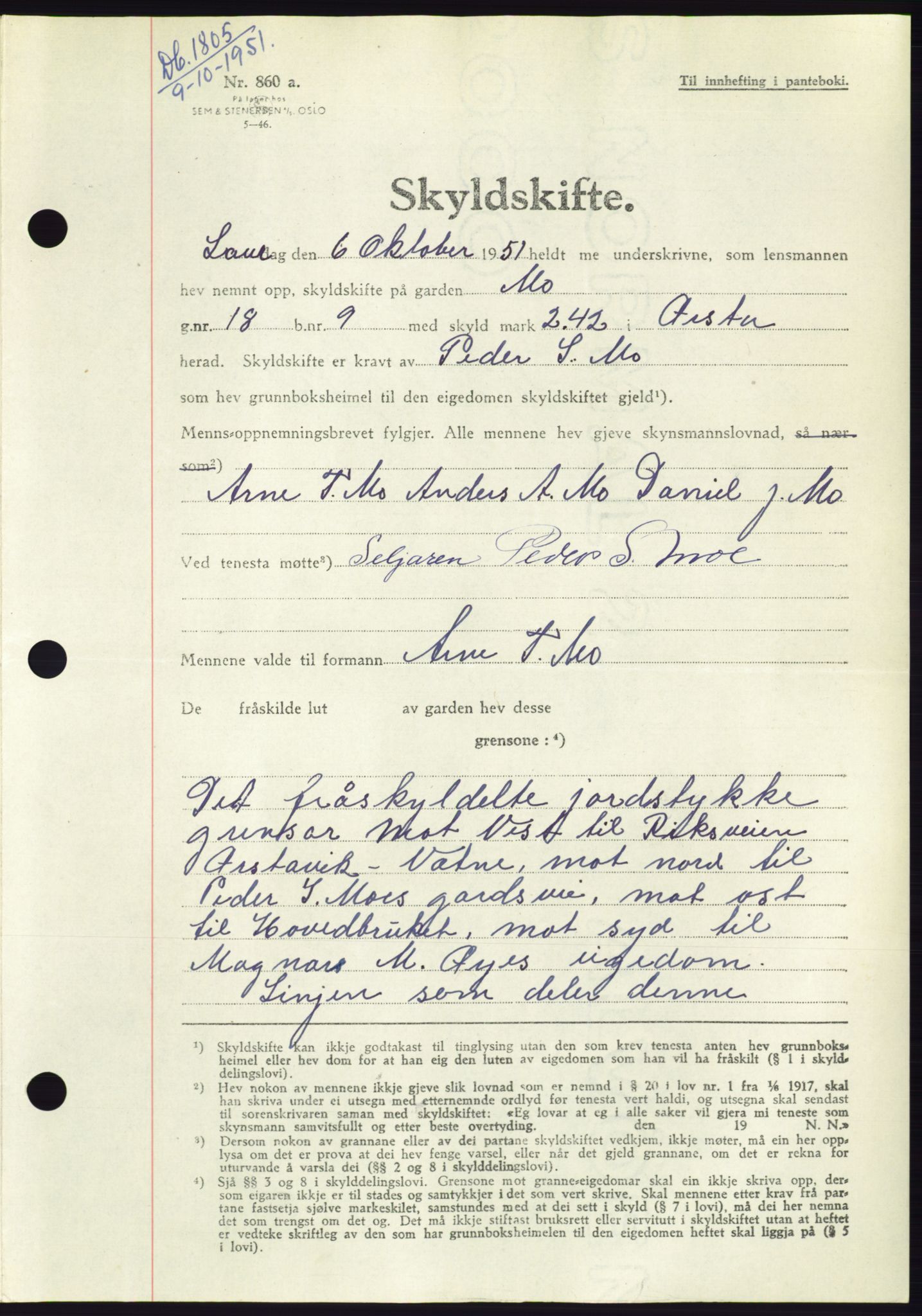 Søre Sunnmøre sorenskriveri, AV/SAT-A-4122/1/2/2C/L0090: Pantebok nr. 16A, 1951-1951, Dagboknr: 1805/1951
