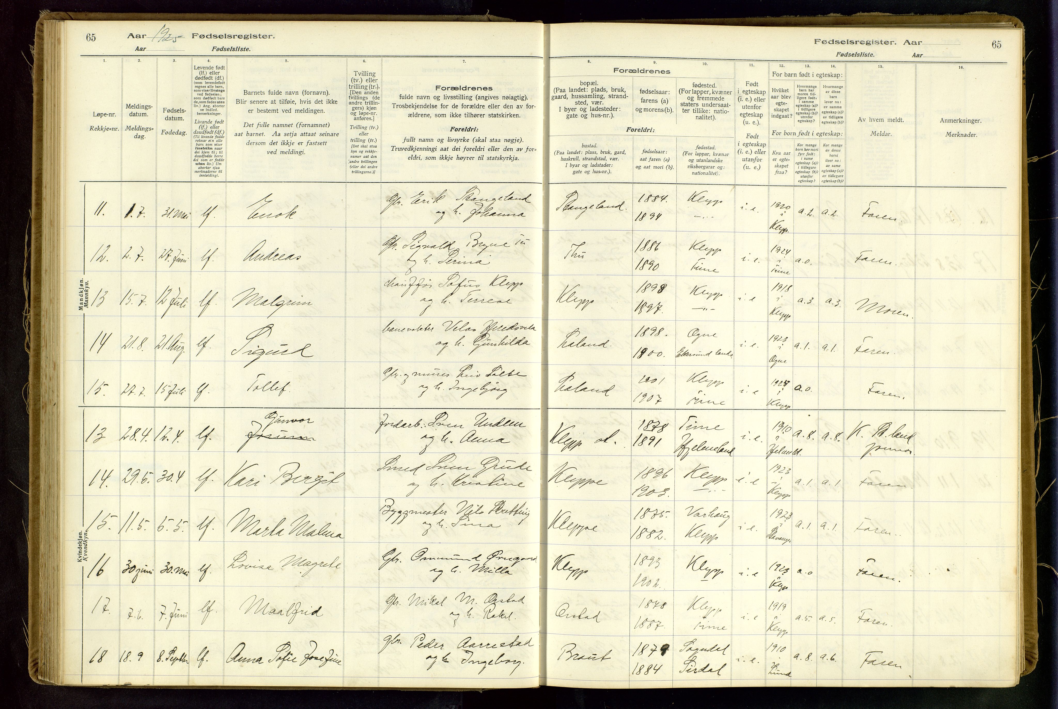 Klepp sokneprestkontor, SAST/A-101803/001/704BAA/L0001: Fødselsregister nr. 1, 1916-1948, s. 65