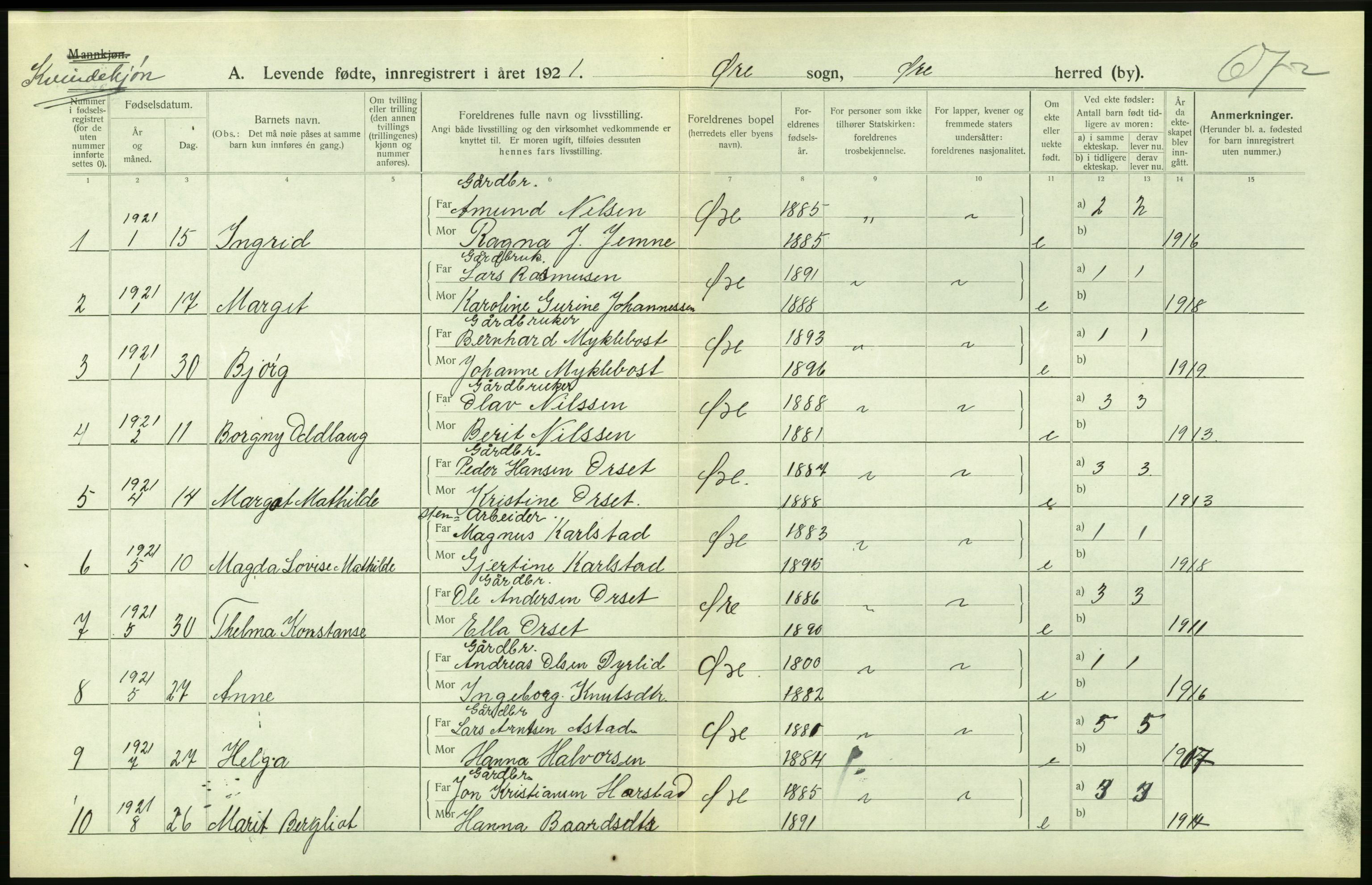 Statistisk sentralbyrå, Sosiodemografiske emner, Befolkning, RA/S-2228/D/Df/Dfc/Dfca/L0040: Møre fylke: Levendefødte menn og kvinner. Bygder., 1921, s. 678