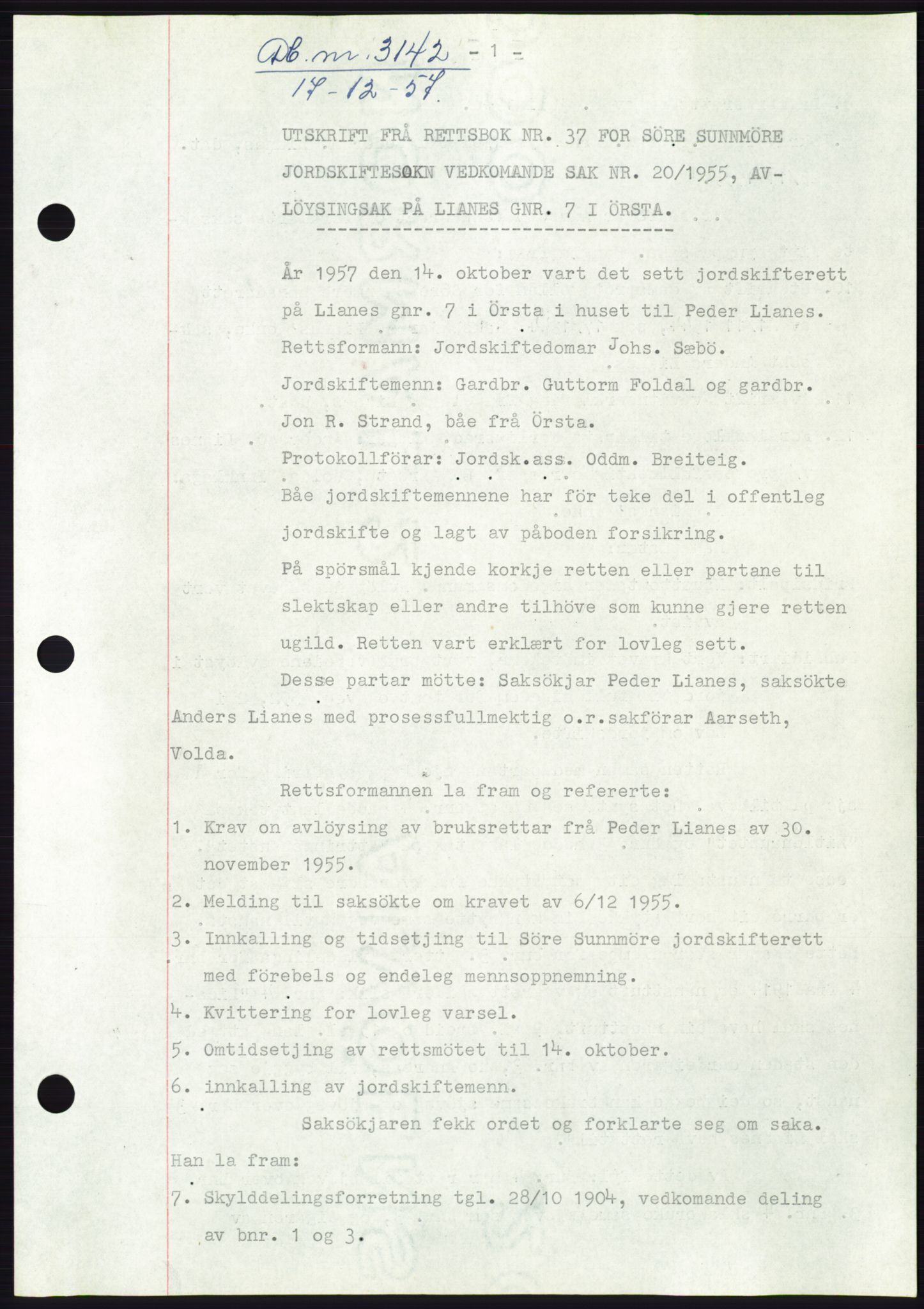 Søre Sunnmøre sorenskriveri, AV/SAT-A-4122/1/2/2C/L0108: Pantebok nr. 34A, 1957-1958, Dagboknr: 3142/1957