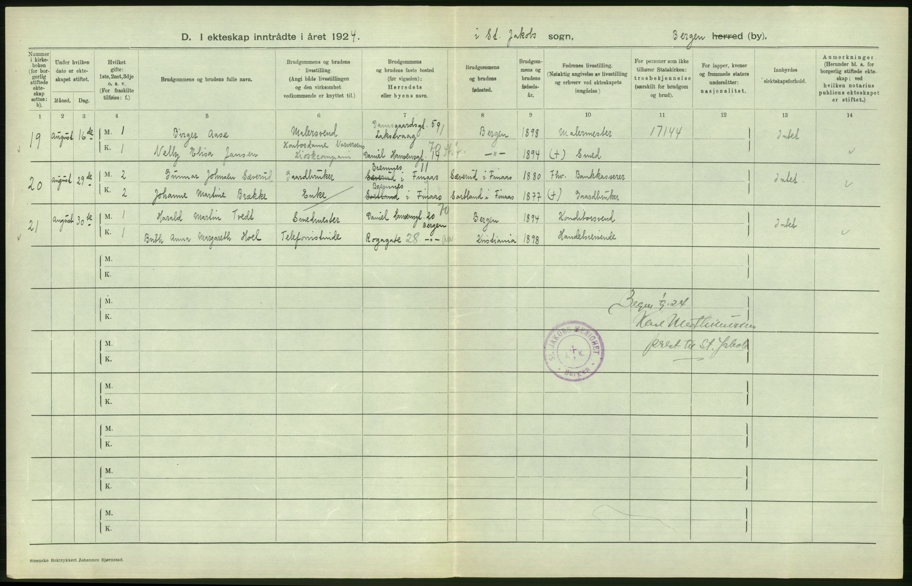Statistisk sentralbyrå, Sosiodemografiske emner, Befolkning, AV/RA-S-2228/D/Df/Dfc/Dfcd/L0028: Bergen: Gifte, døde., 1924, s. 298