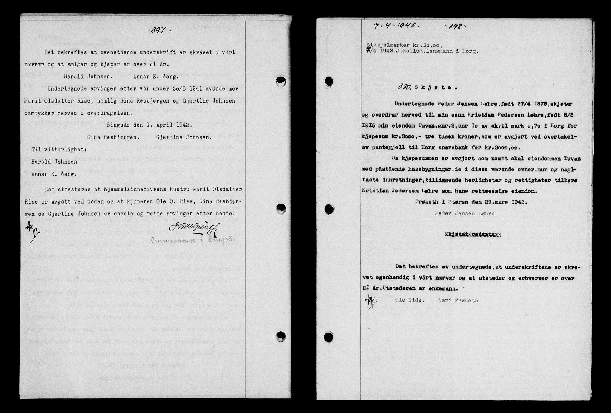Gauldal sorenskriveri, SAT/A-0014/1/2/2C/L0056: Pantebok nr. 61, 1942-1943, Dagboknr: 380/1943