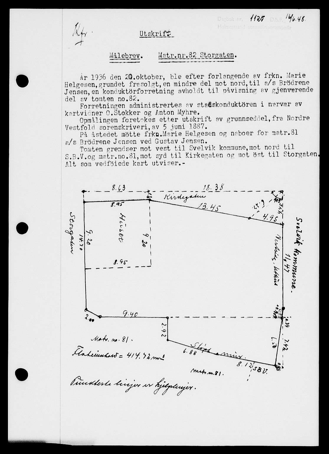 Holmestrand sorenskriveri, SAKO/A-67/G/Ga/Gaa/L0064: Pantebok nr. A-64, 1948-1948, Dagboknr: 1125/1948
