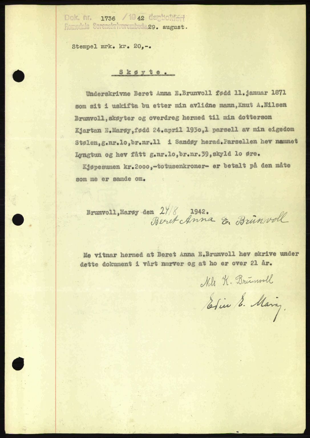 Romsdal sorenskriveri, SAT/A-4149/1/2/2C: Pantebok nr. A12, 1942-1942, Dagboknr: 1736/1942