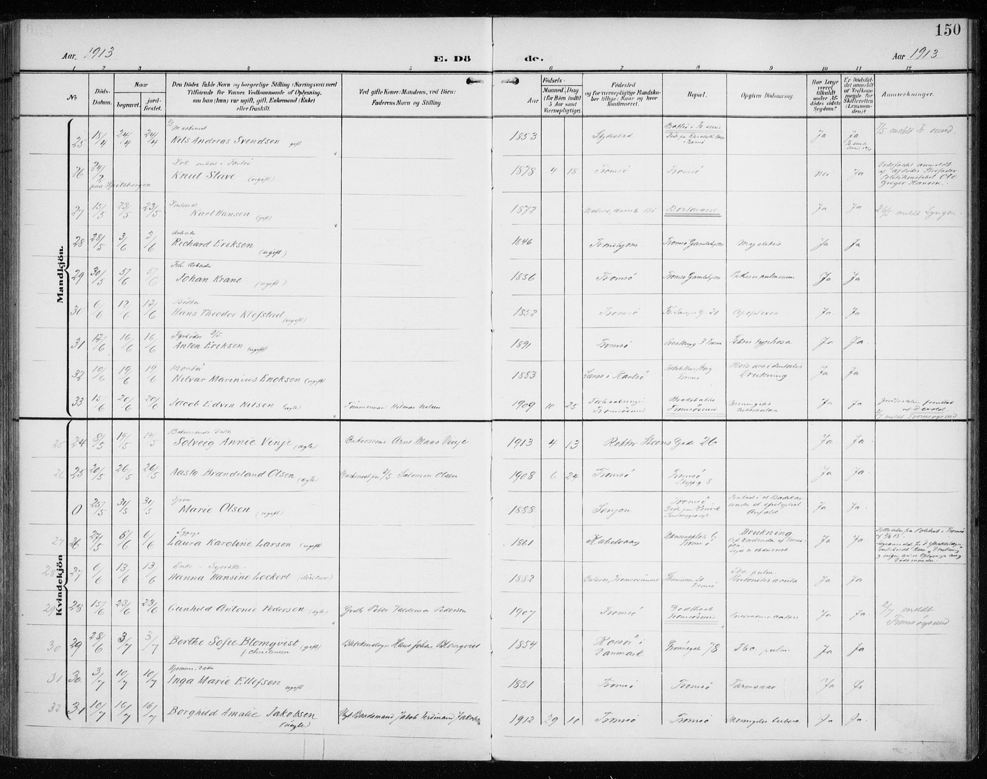Tromsø sokneprestkontor/stiftsprosti/domprosti, AV/SATØ-S-1343/G/Ga/L0018kirke: Ministerialbok nr. 18, 1907-1917, s. 150