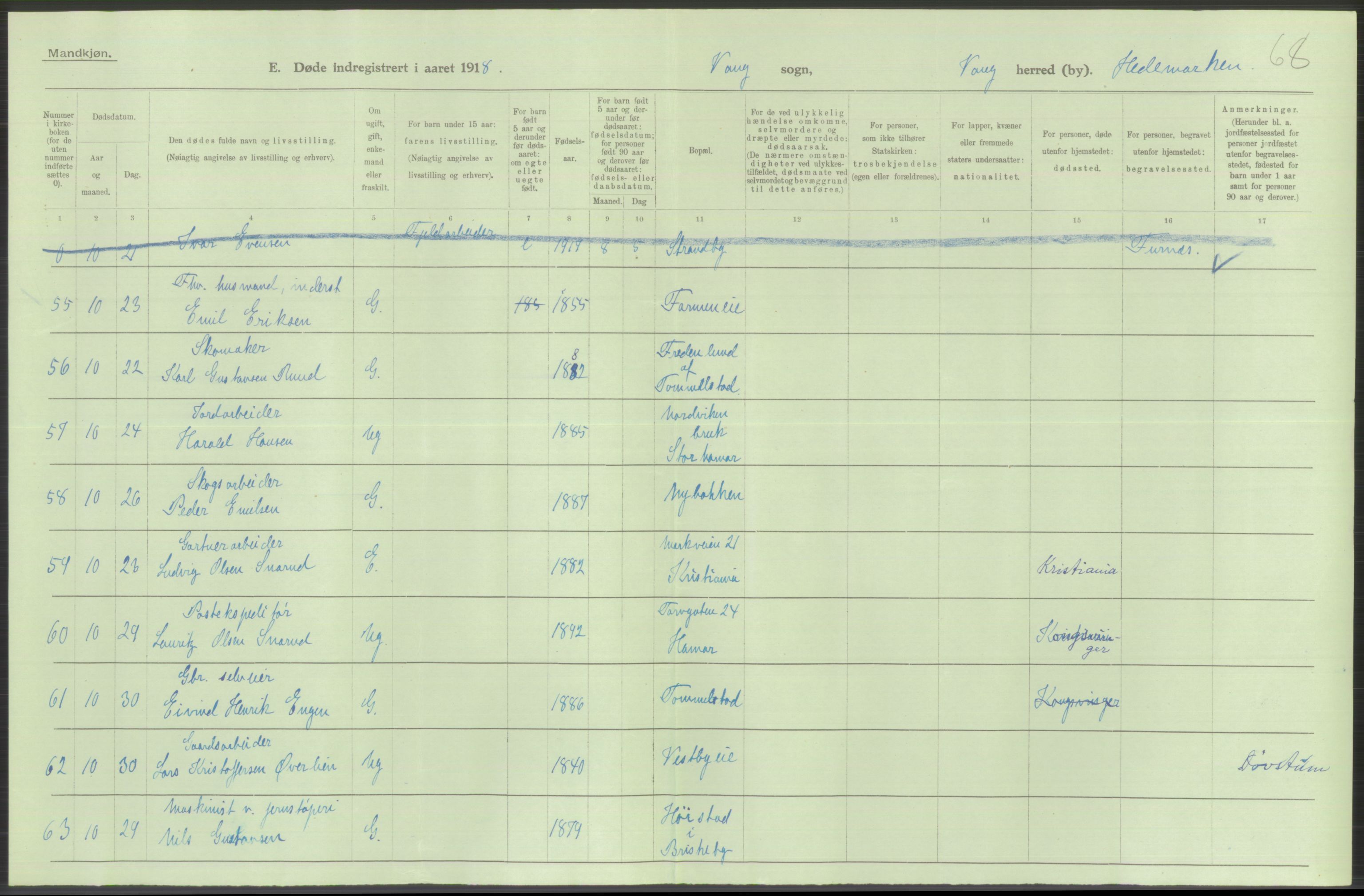 Statistisk sentralbyrå, Sosiodemografiske emner, Befolkning, AV/RA-S-2228/D/Df/Dfb/Dfbh/L0014: Hedemarkens fylke: Døde. Bygder og byer., 1918, s. 372