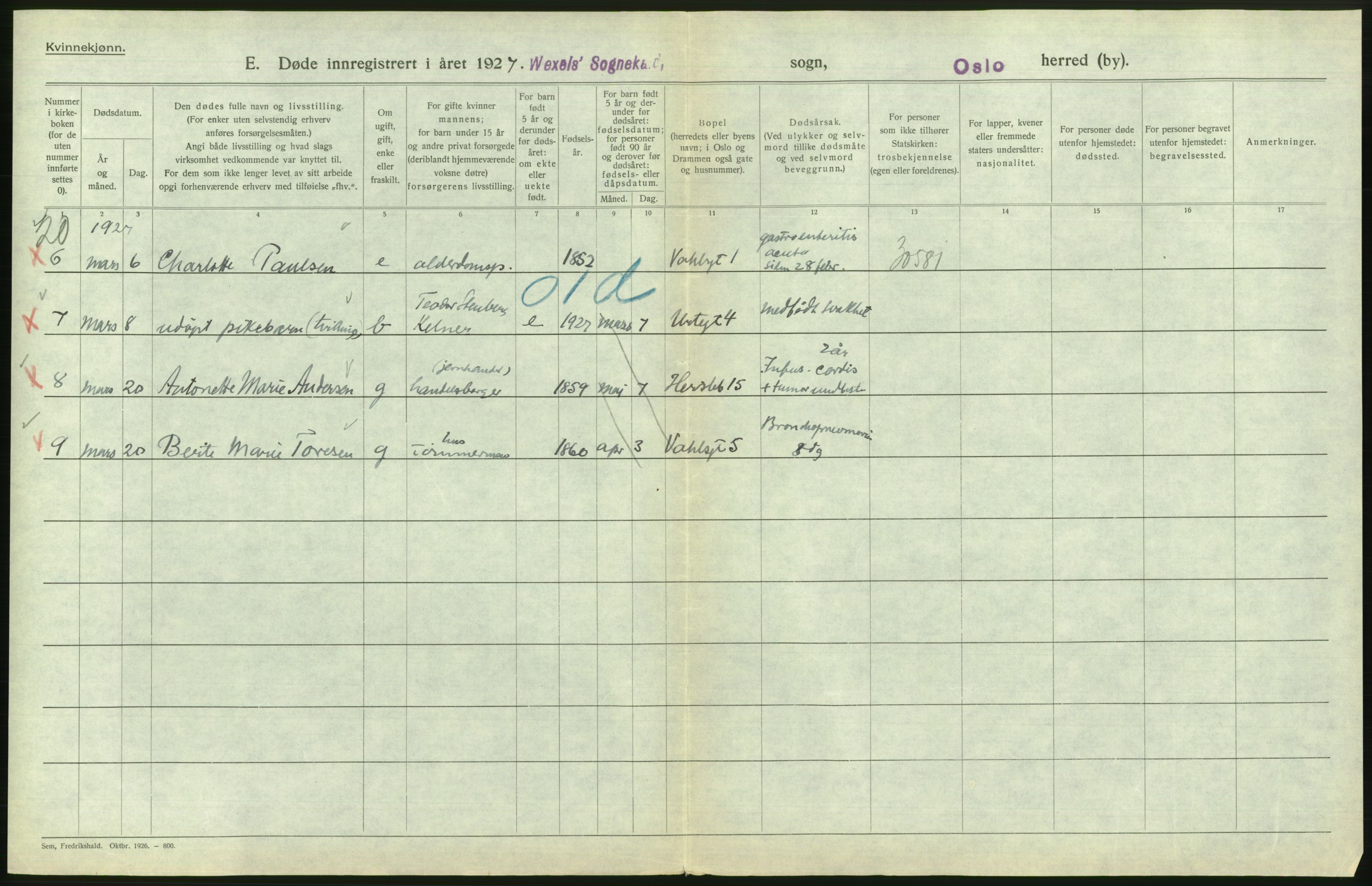 Statistisk sentralbyrå, Sosiodemografiske emner, Befolkning, AV/RA-S-2228/D/Df/Dfc/Dfcg/L0010: Oslo: Døde kvinner, dødfødte, 1927, s. 706