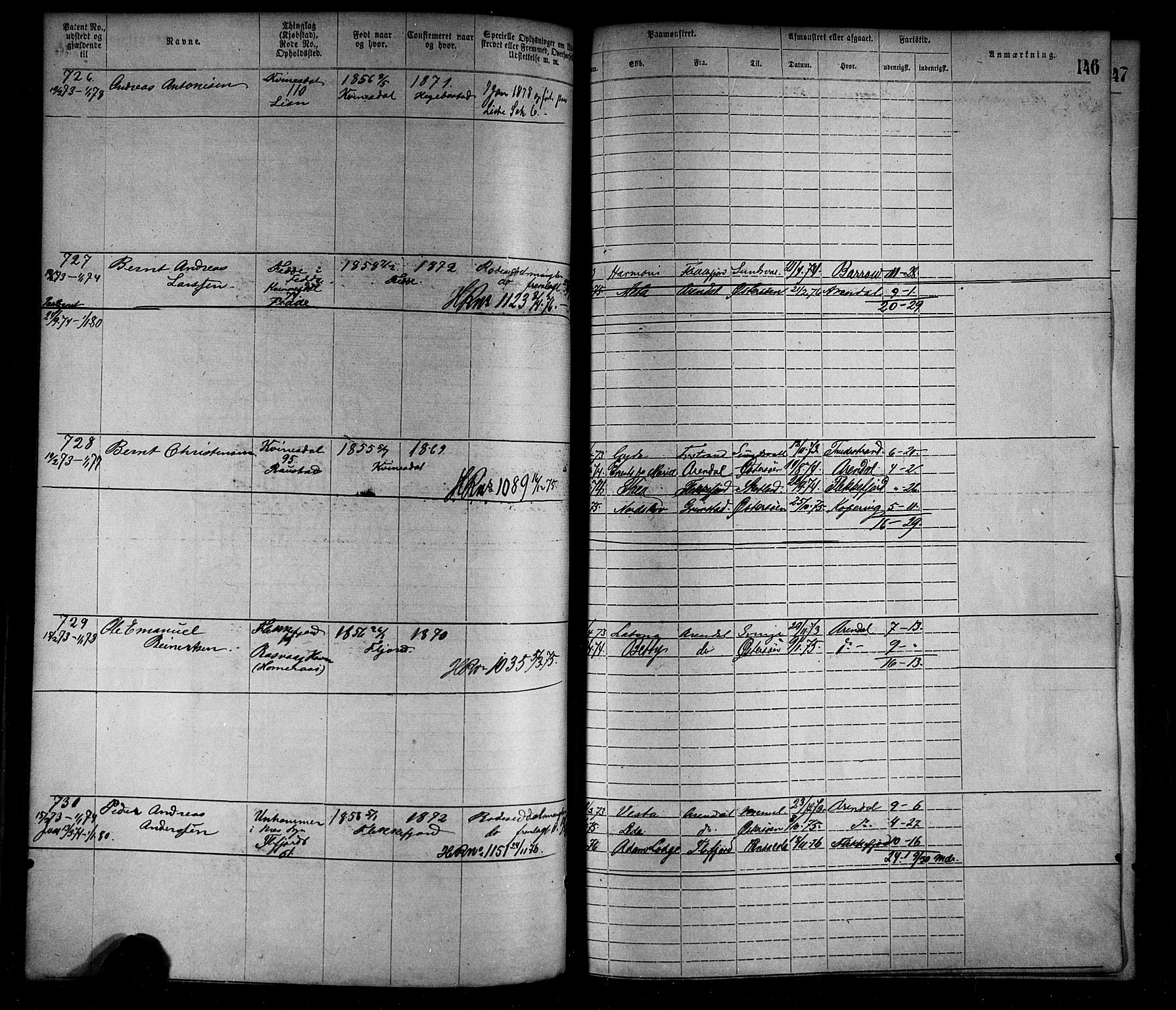 Flekkefjord mønstringskrets, AV/SAK-2031-0018/F/Fa/L0002: Annotasjonsrulle nr 1-1920 med register, N-2, 1870-1891, s. 170