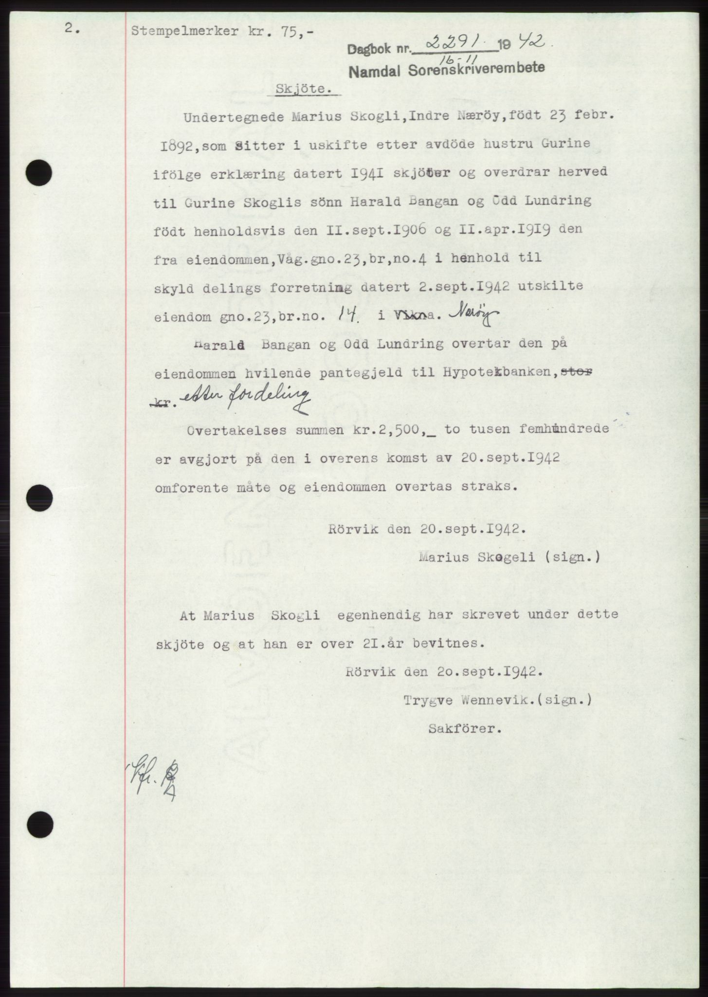 Namdal sorenskriveri, SAT/A-4133/1/2/2C: Pantebok nr. -, 1942-1943, Dagboknr: 2291/1942