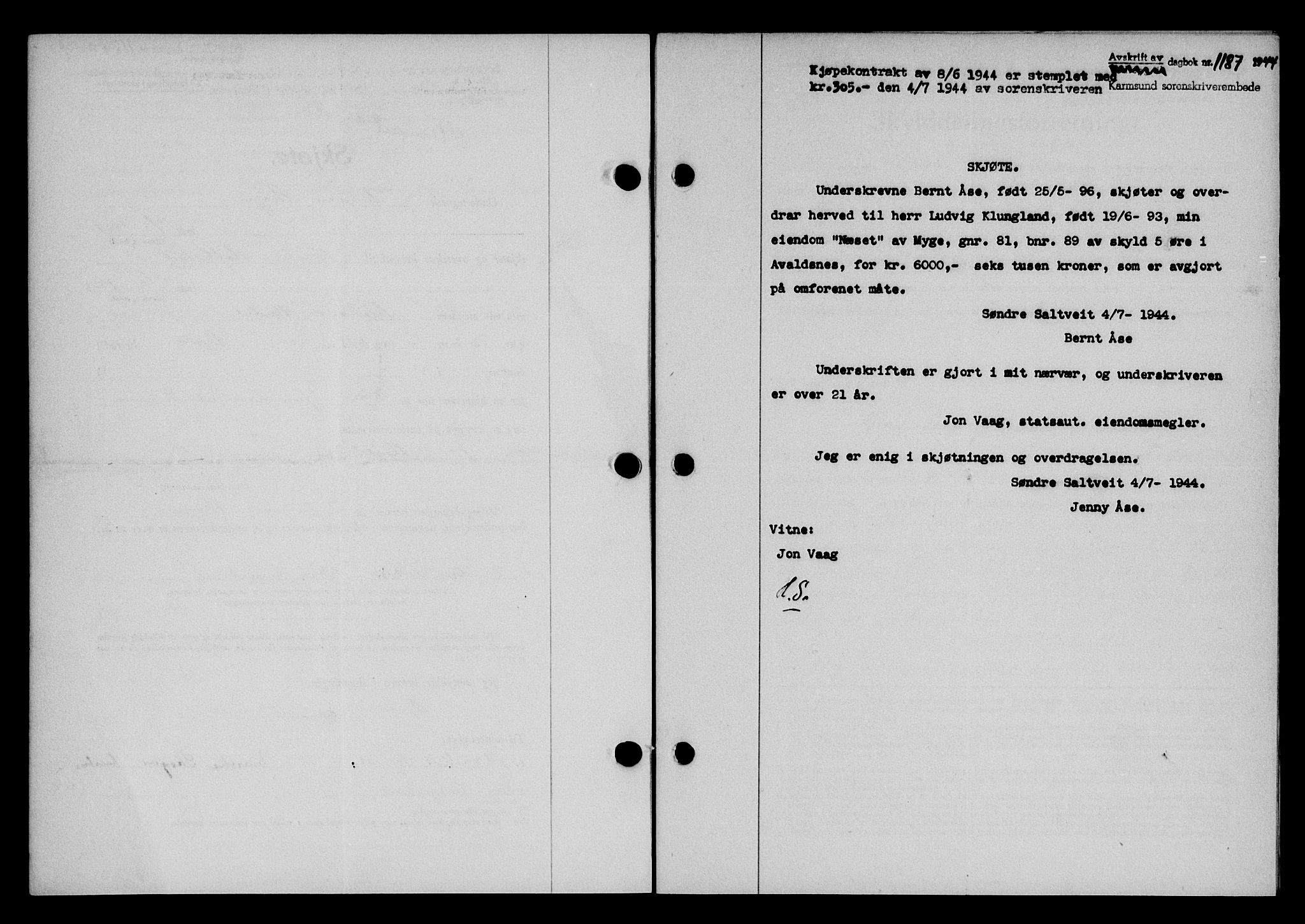 Karmsund sorenskriveri, SAST/A-100311/01/II/IIB/L0082: Pantebok nr. 63A, 1944-1944, Dagboknr: 1187/1944