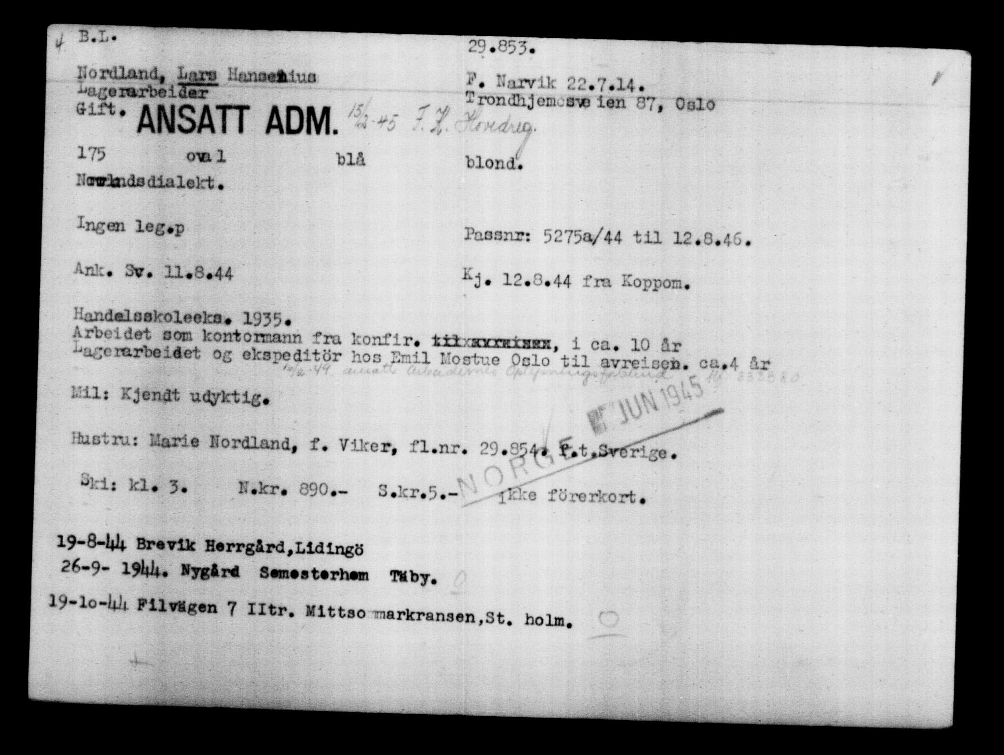 Utenriksstasjonene, Legasjonen i Stockholm, Flyktningkontoret, AV/RA-S-6753/V/Va/L0012: Kjesäterkartoteket, flyktninger med registreringsnr. 28300-31566, 1940-1945, s. 1708