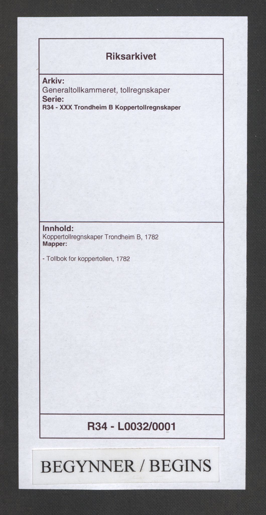 Generaltollkammeret, tollregnskaper, RA/EA-5490/R34/L0032/0001: Koppertollregnskaper Trondheim B / Tollbok for koppertollen, 1782