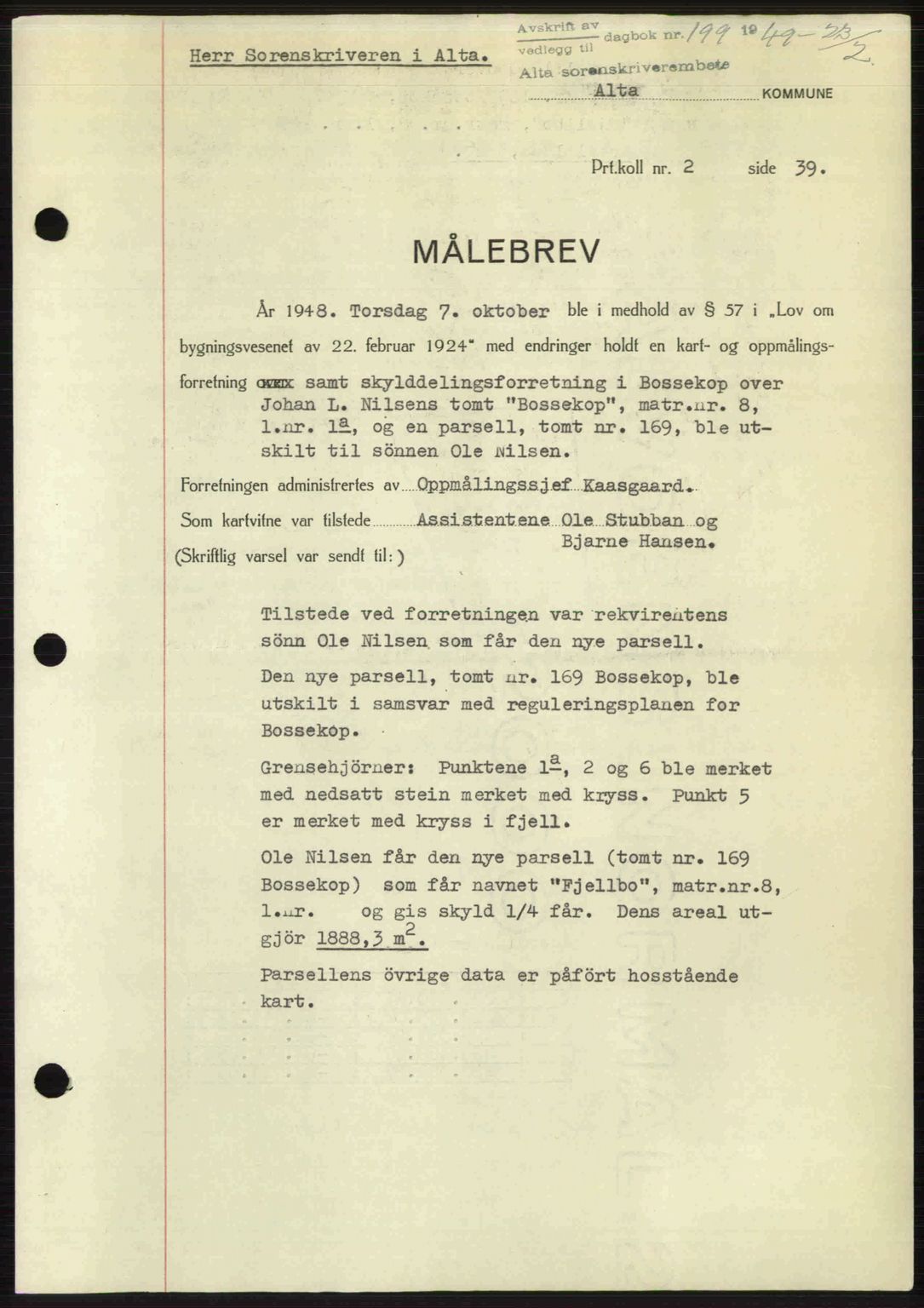 Alta fogderi/sorenskriveri, SATØ/SATØ-5/1/K/Kd/L0037pantebok: Pantebok nr. 39-40, 1948-1949, Dagboknr: 199/1949