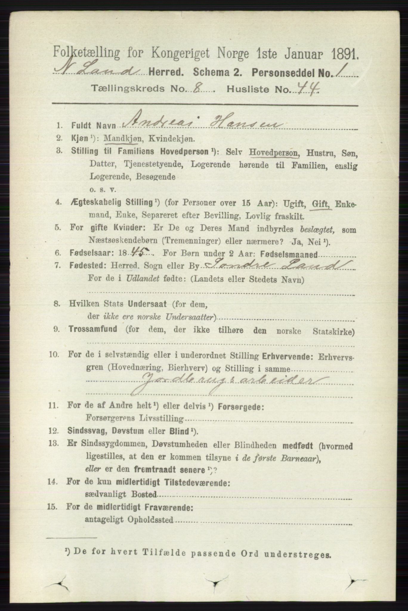 RA, Folketelling 1891 for 0538 Nordre Land herred, 1891, s. 2468