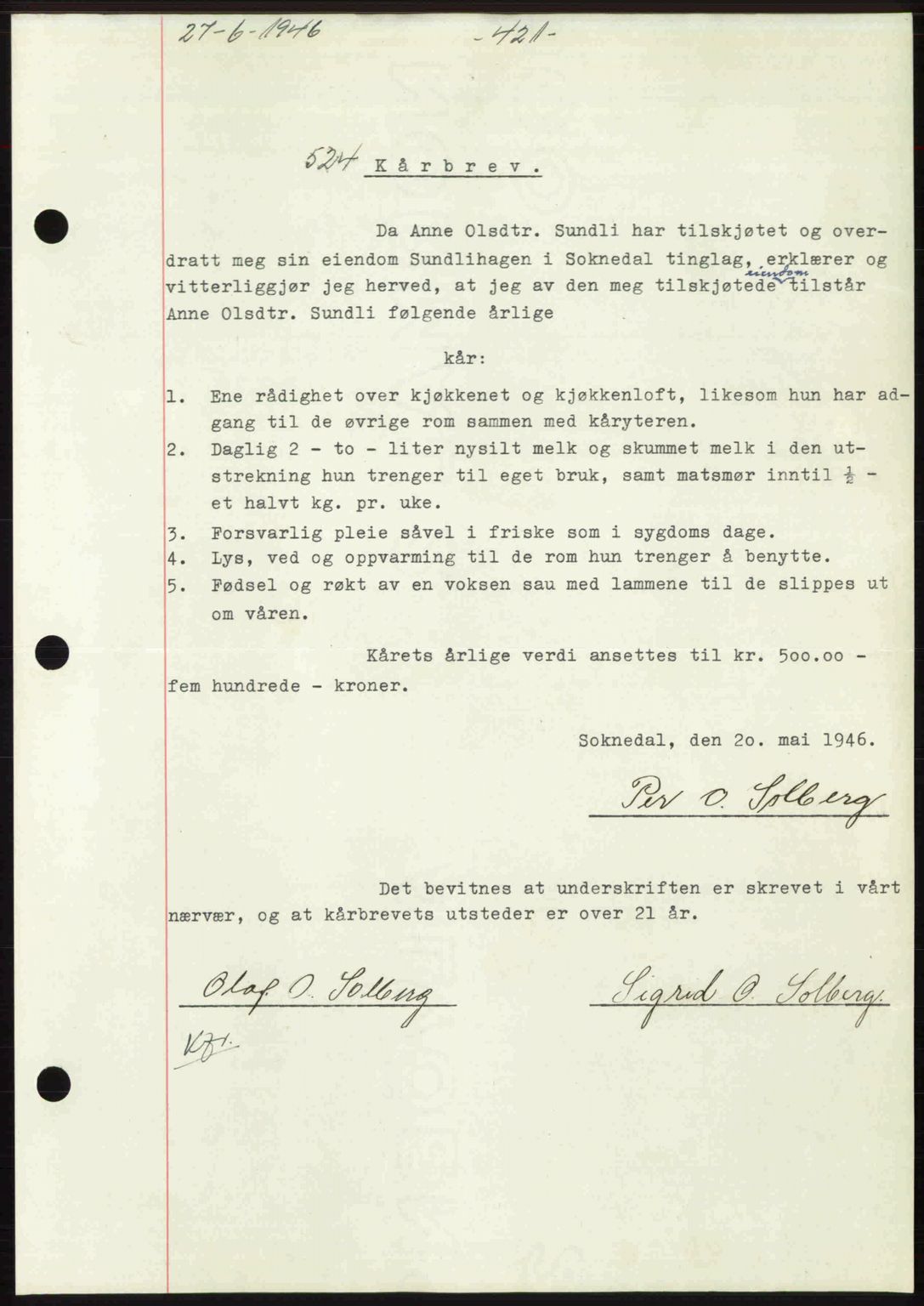 Gauldal sorenskriveri, SAT/A-0014/1/2/2C: Pantebok nr. A2, 1946-1946, Dagboknr: 524/1946