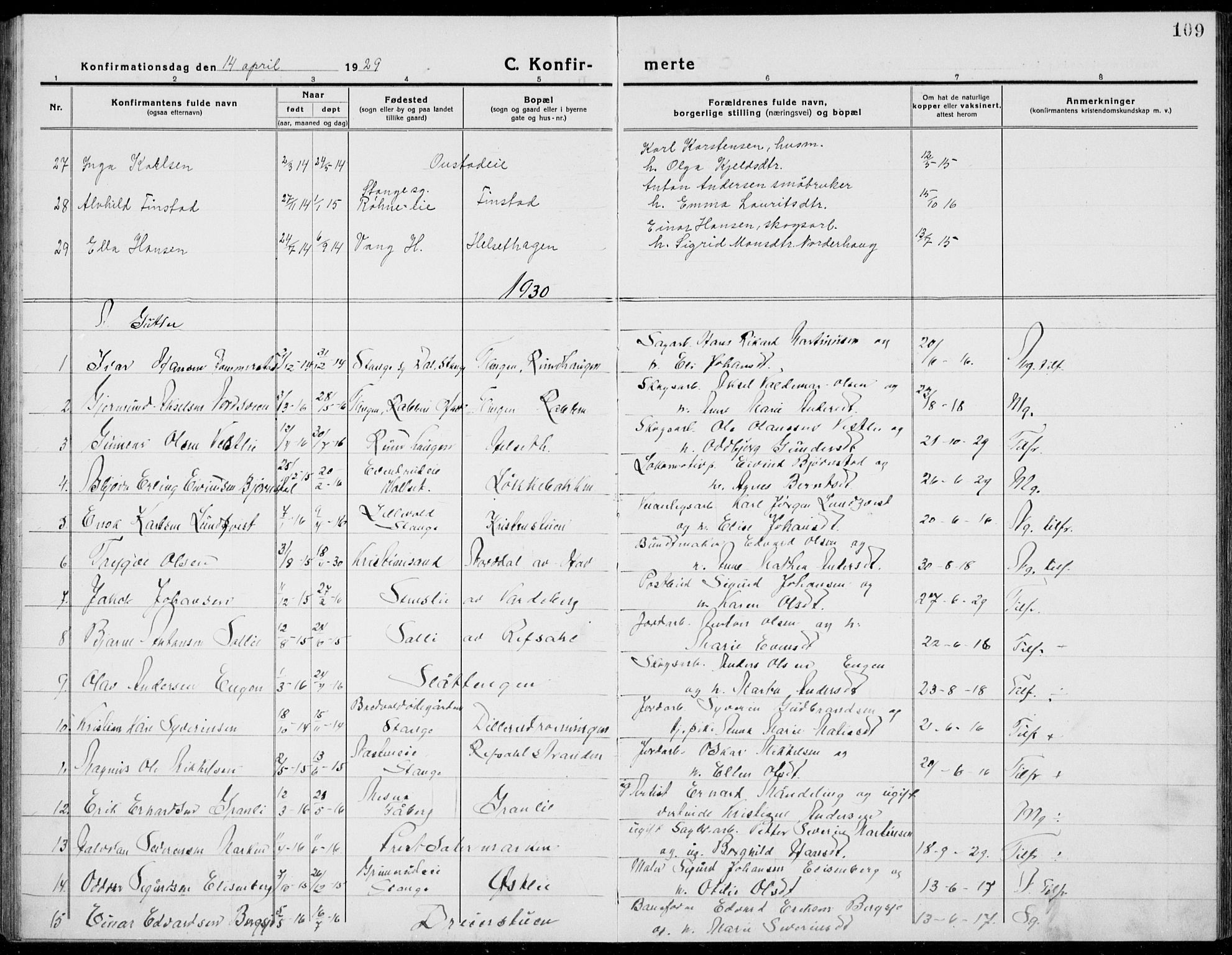 Stange prestekontor, AV/SAH-PREST-002/L/L0017: Klokkerbok nr. 17, 1918-1936, s. 109