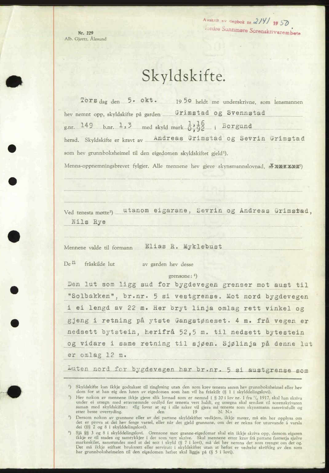 Nordre Sunnmøre sorenskriveri, SAT/A-0006/1/2/2C/2Ca: Pantebok nr. A35, 1950-1950, Dagboknr: 2141/1950