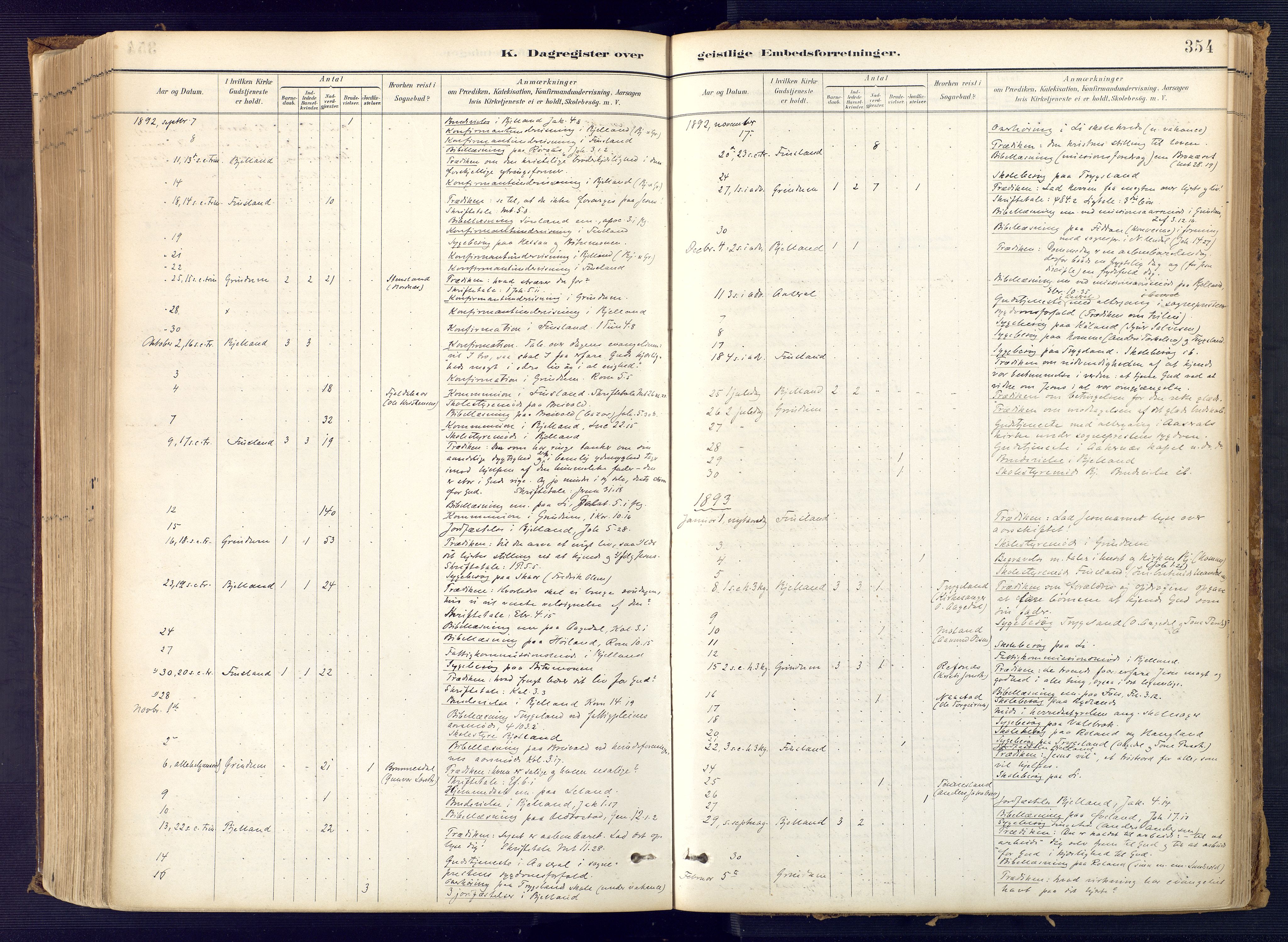 Bjelland sokneprestkontor, AV/SAK-1111-0005/F/Fa/Faa/L0004: Ministerialbok nr. A 4, 1887-1923, s. 354