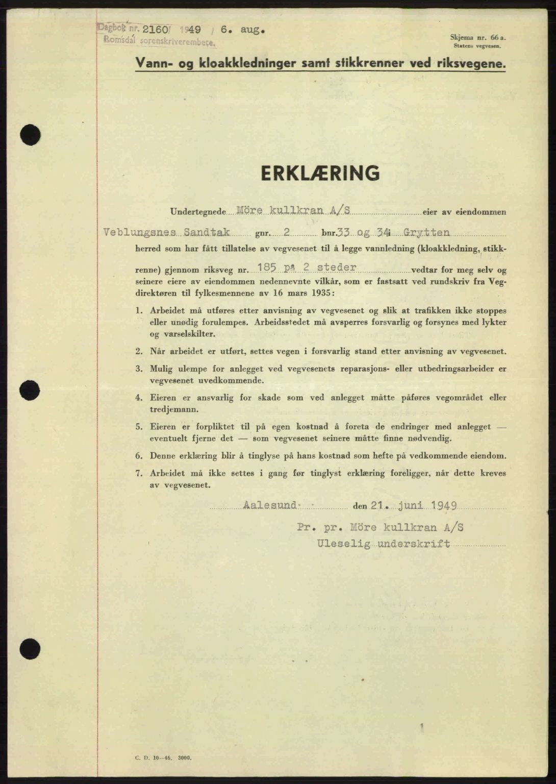 Romsdal sorenskriveri, SAT/A-4149/1/2/2C: Pantebok nr. A30, 1949-1949, Dagboknr: 2160/1949