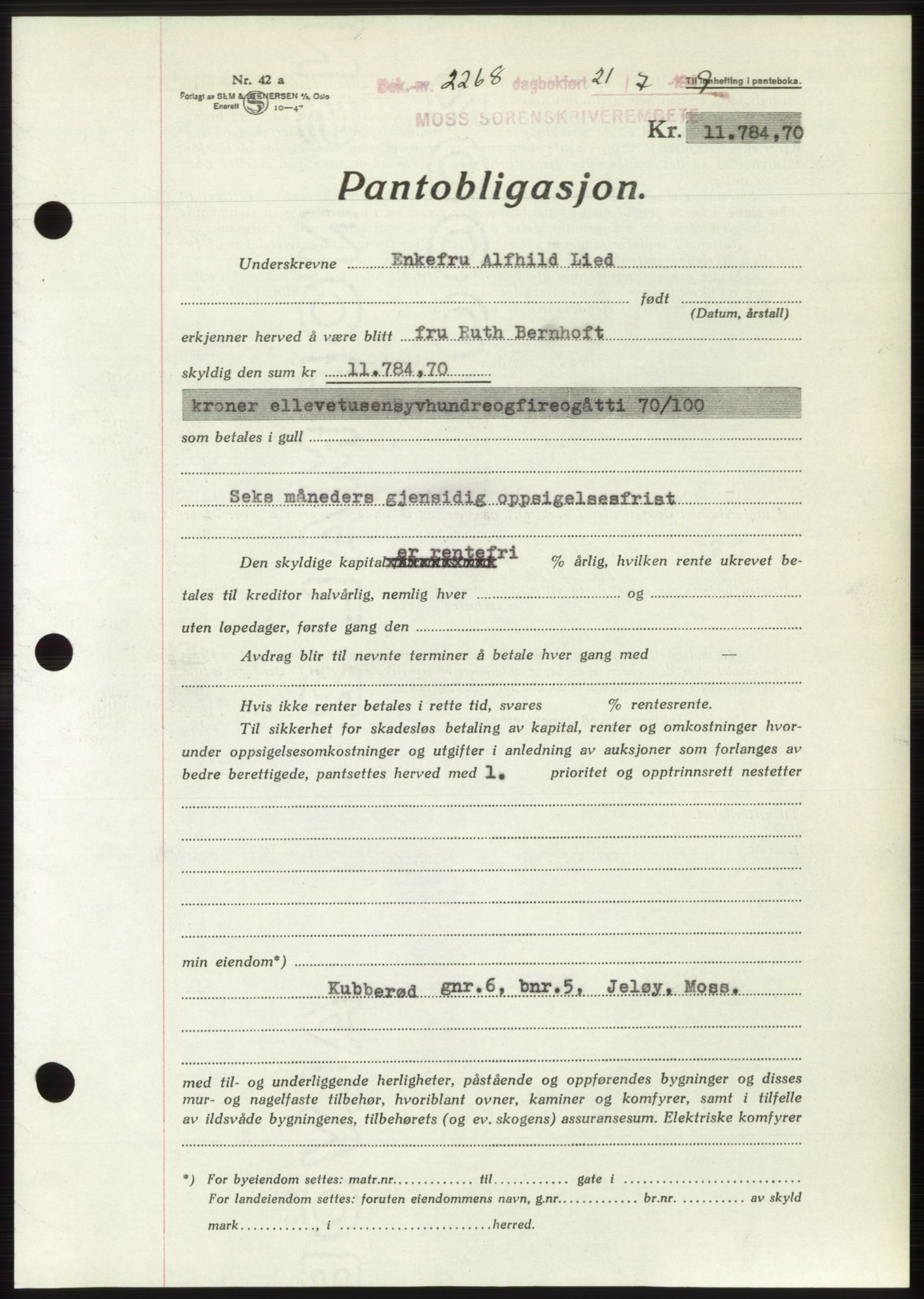 Moss sorenskriveri, SAO/A-10168: Pantebok nr. B22, 1949-1949, Dagboknr: 2268/1949