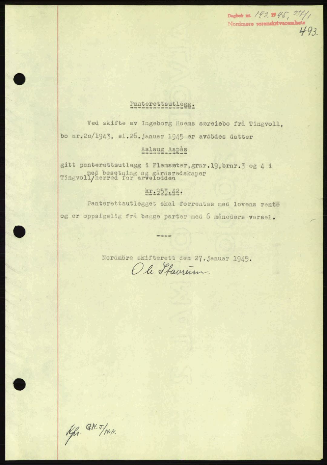 Nordmøre sorenskriveri, AV/SAT-A-4132/1/2/2Ca: Pantebok nr. B92, 1944-1945, Dagboknr: 142/1945