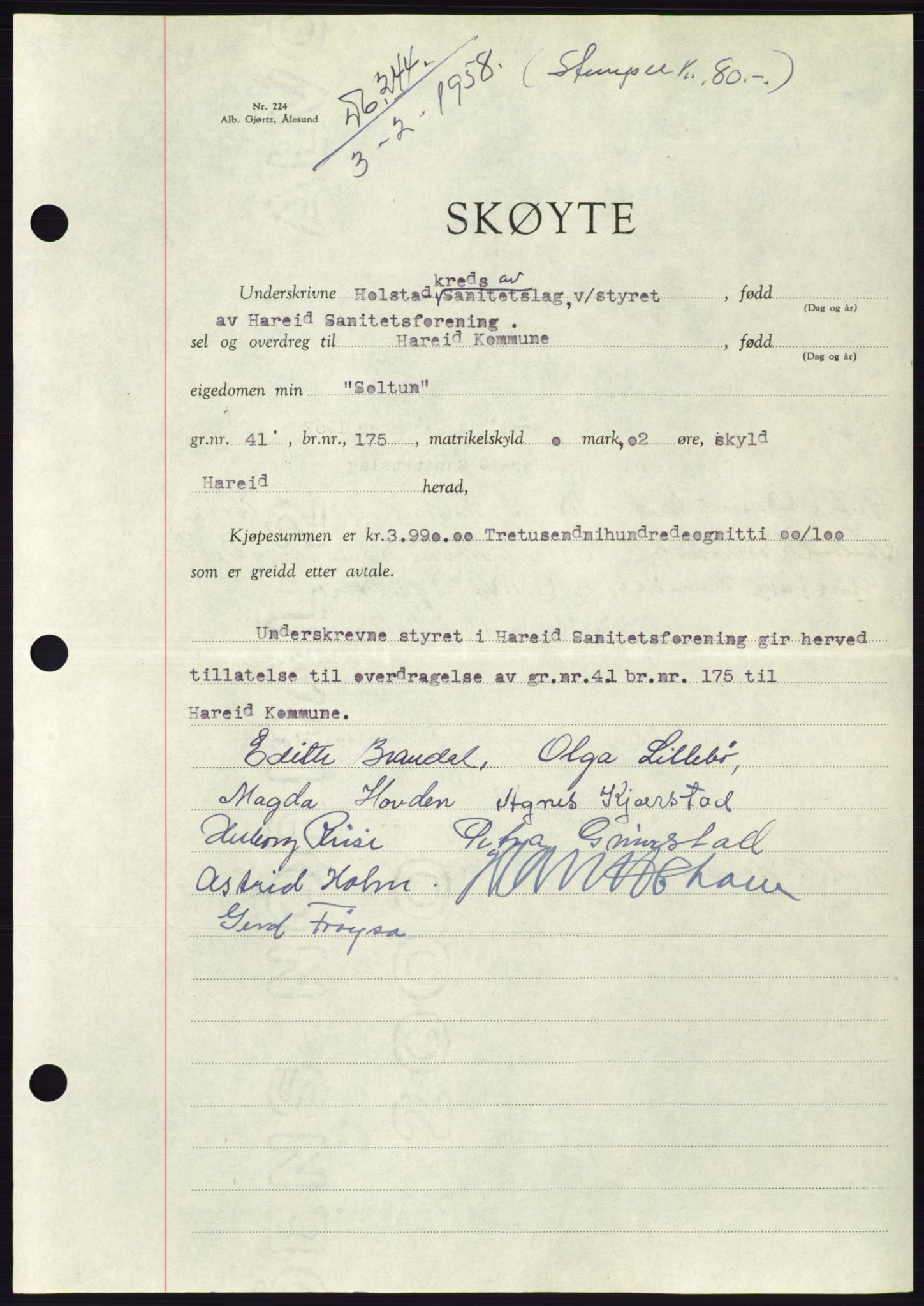 Søre Sunnmøre sorenskriveri, SAT/A-4122/1/2/2C/L0109: Pantebok nr. 35A, 1958-1958, Dagboknr: 244/1958