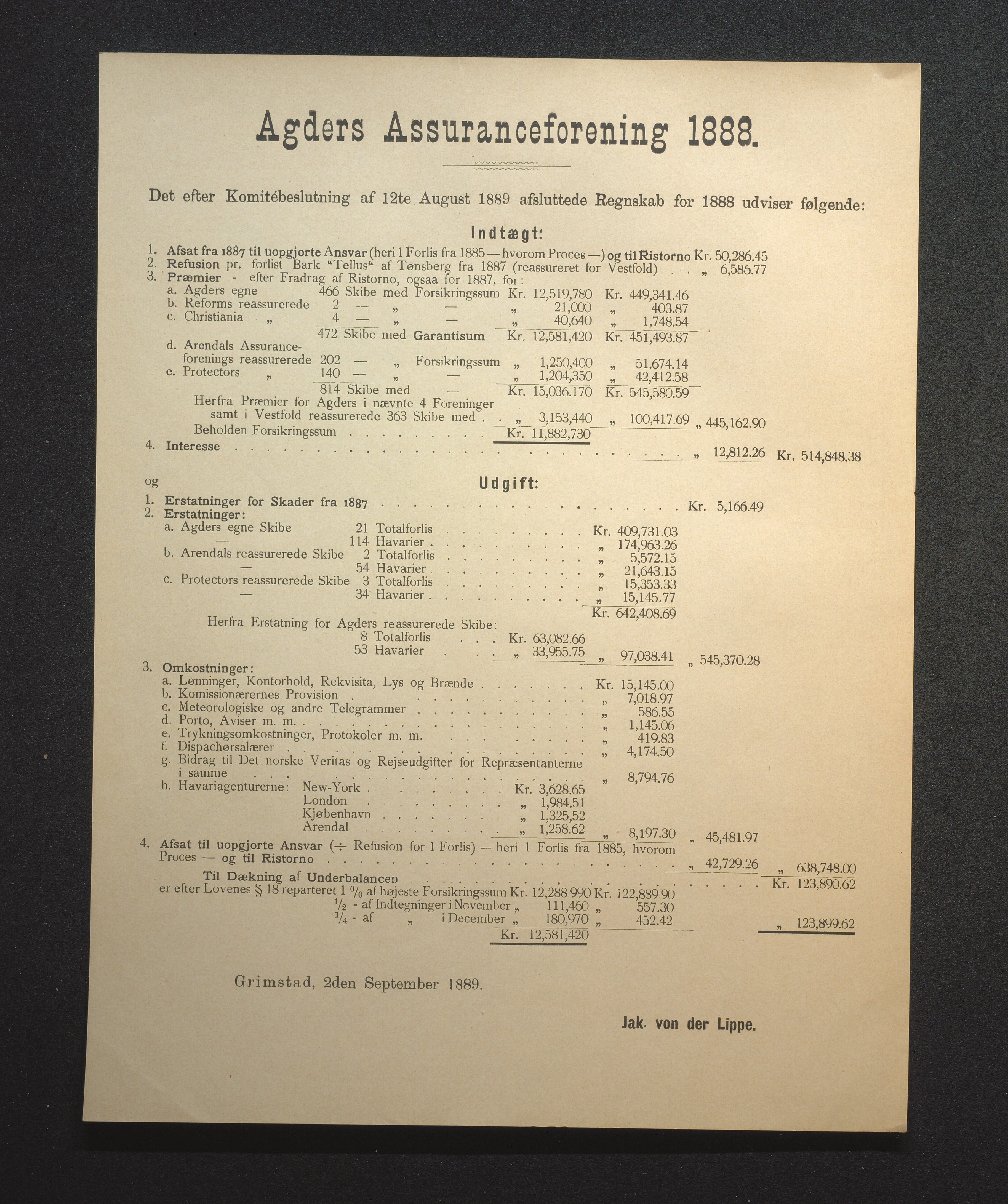 Agders Gjensidige Assuranceforening, AAKS/PA-1718/05/L0002: Regnskap, seilavdeling, pakkesak, 1881-1889