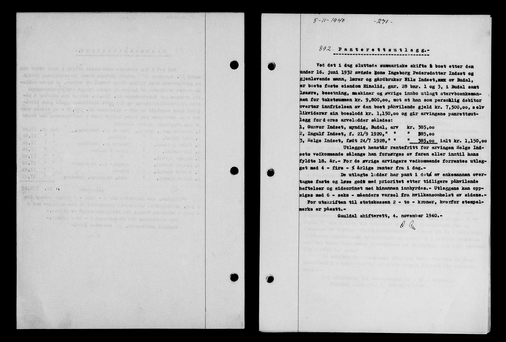 Gauldal sorenskriveri, SAT/A-0014/1/2/2C/L0052: Pantebok nr. 57, 1940-1941, Dagboknr: 892/1940