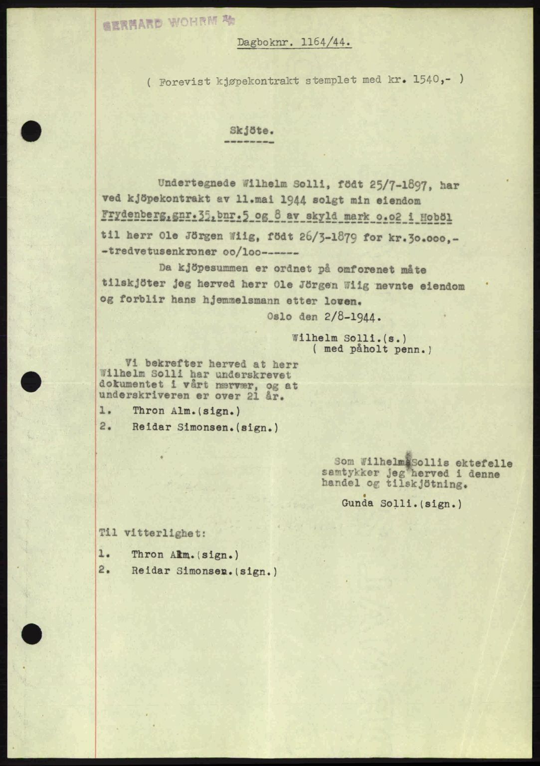 Moss sorenskriveri, SAO/A-10168: Pantebok nr. A12, 1943-1944, Dagboknr: 1164/1944