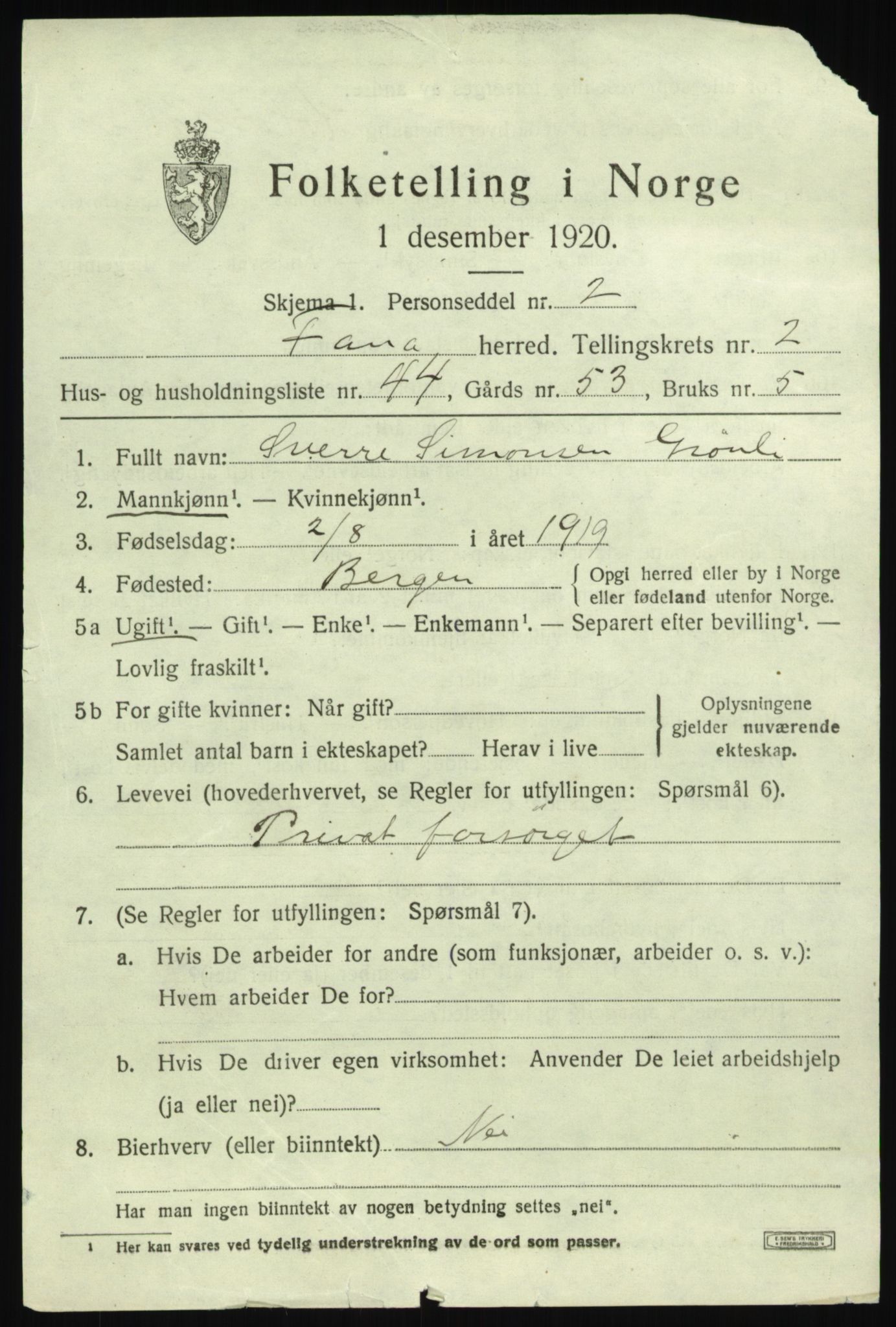 SAB, Folketelling 1920 for 1249 Fana herred, 1920, s. 5055