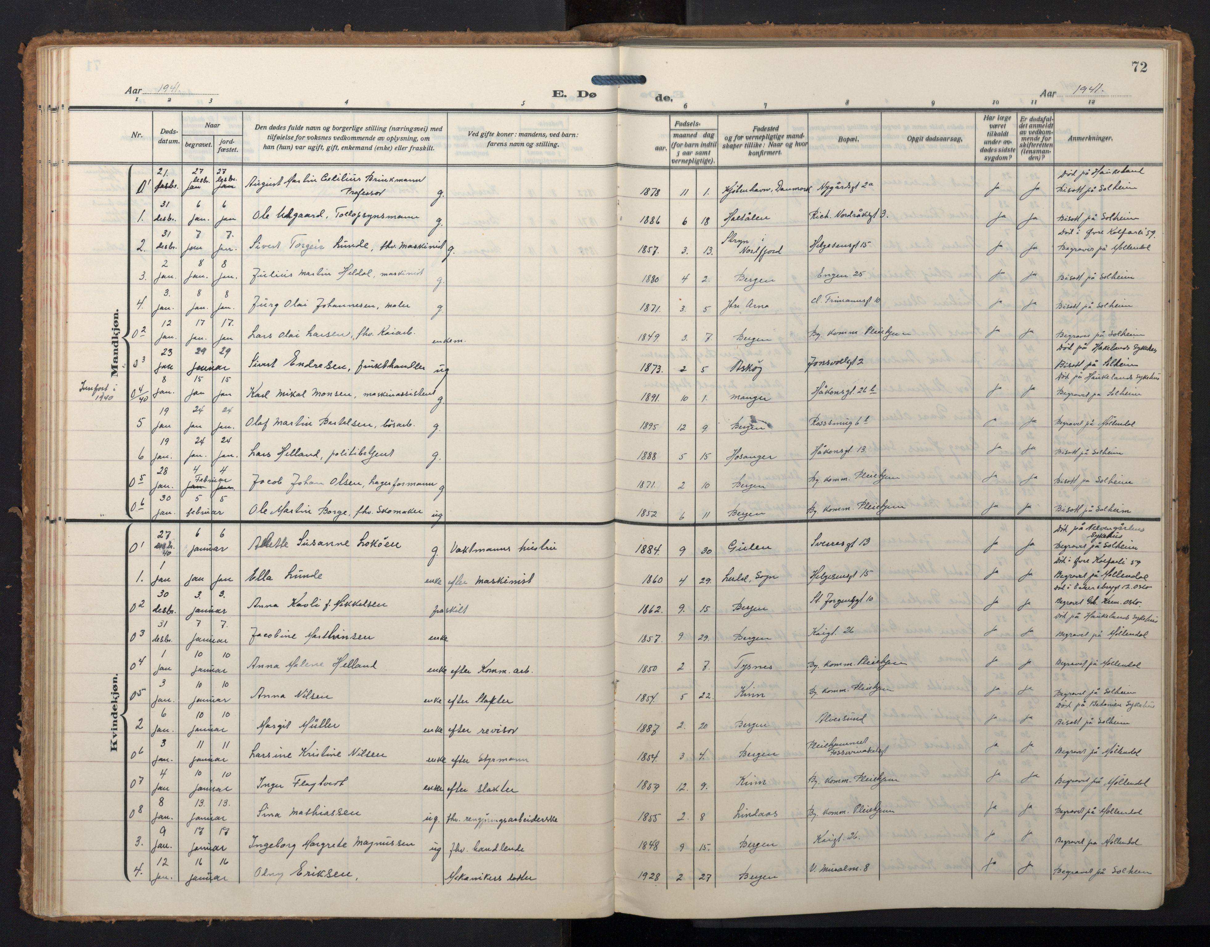 Domkirken sokneprestembete, AV/SAB-A-74801/H/Hab/L0043: Klokkerbok nr. E 7, 1929-1965, s. 71b-72a