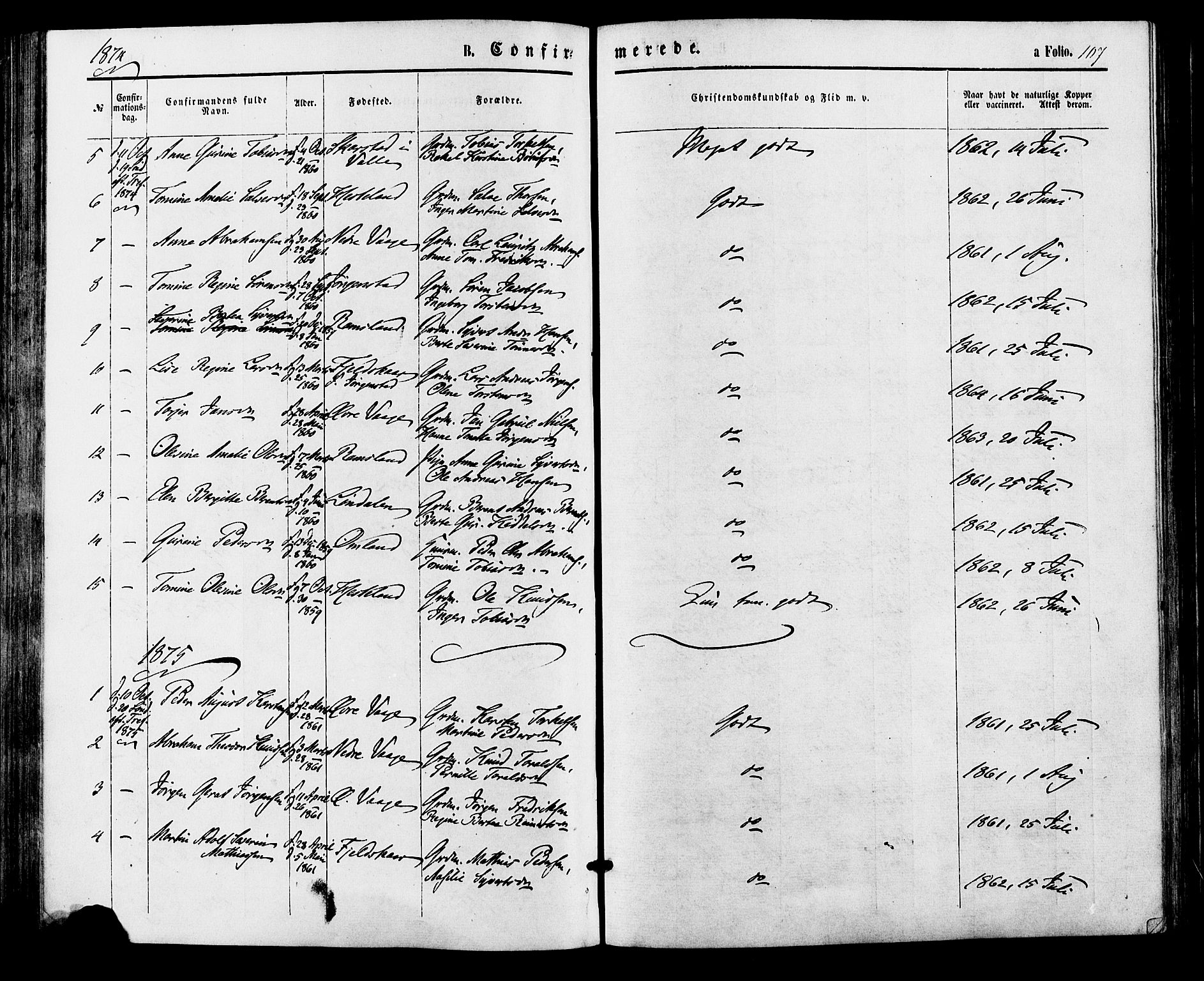 Sør-Audnedal sokneprestkontor, AV/SAK-1111-0039/F/Fa/Faa/L0003: Ministerialbok nr. A 3, 1868-1883, s. 107