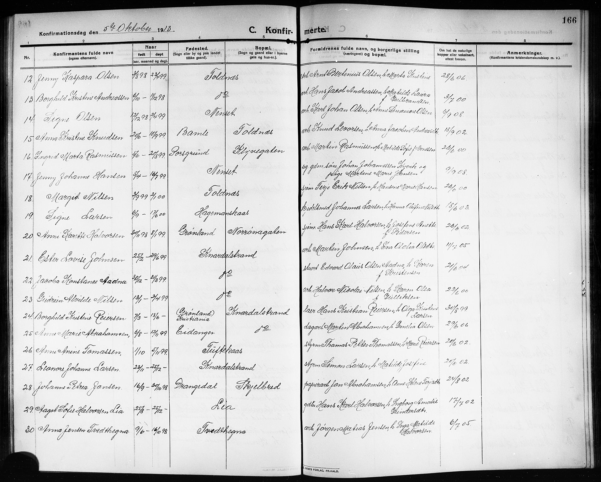Solum kirkebøker, AV/SAKO-A-306/G/Ga/L0009: Klokkerbok nr. I 9, 1909-1922, s. 166