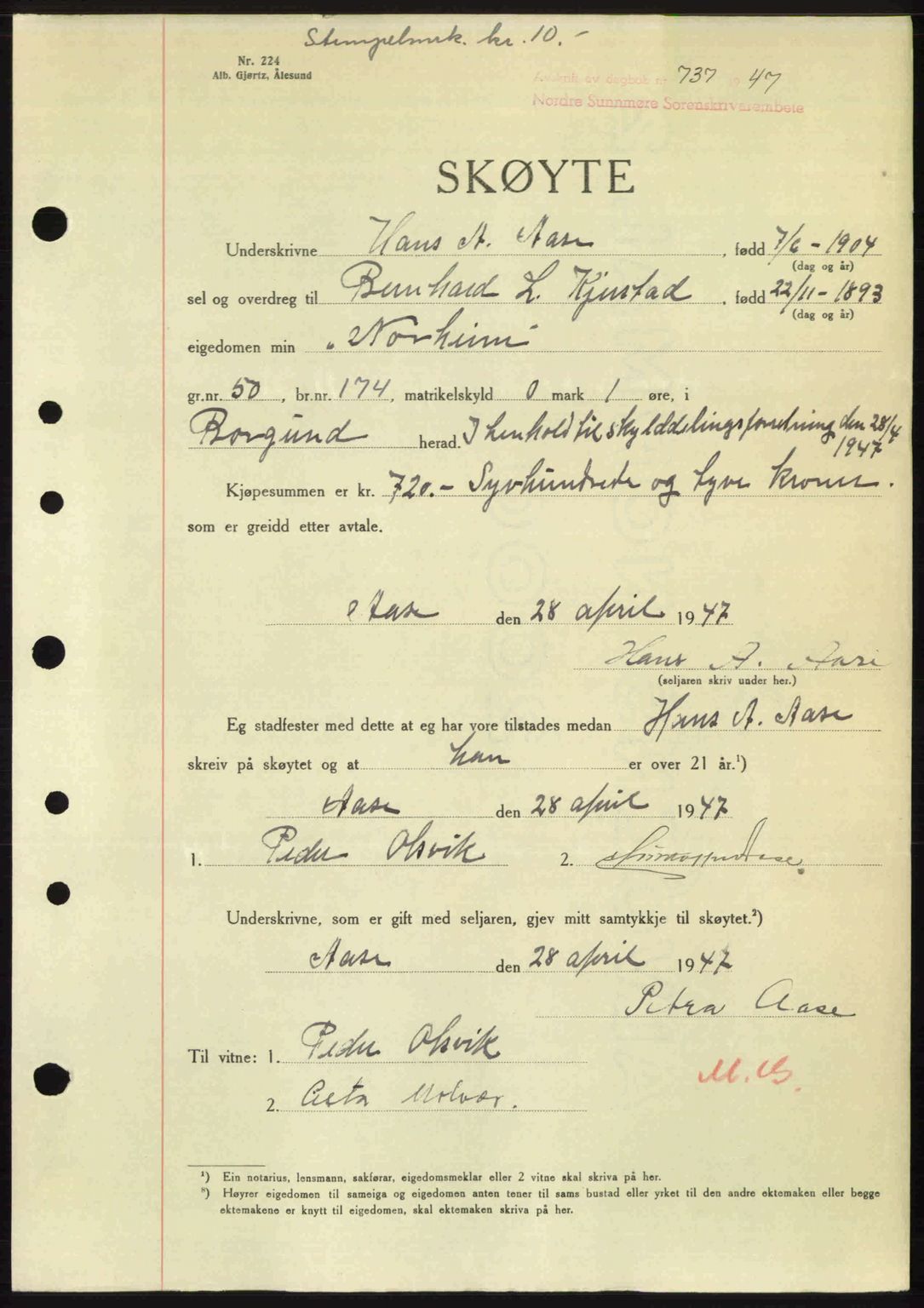 Nordre Sunnmøre sorenskriveri, AV/SAT-A-0006/1/2/2C/2Ca: Pantebok nr. A24, 1947-1947, Dagboknr: 737/1947