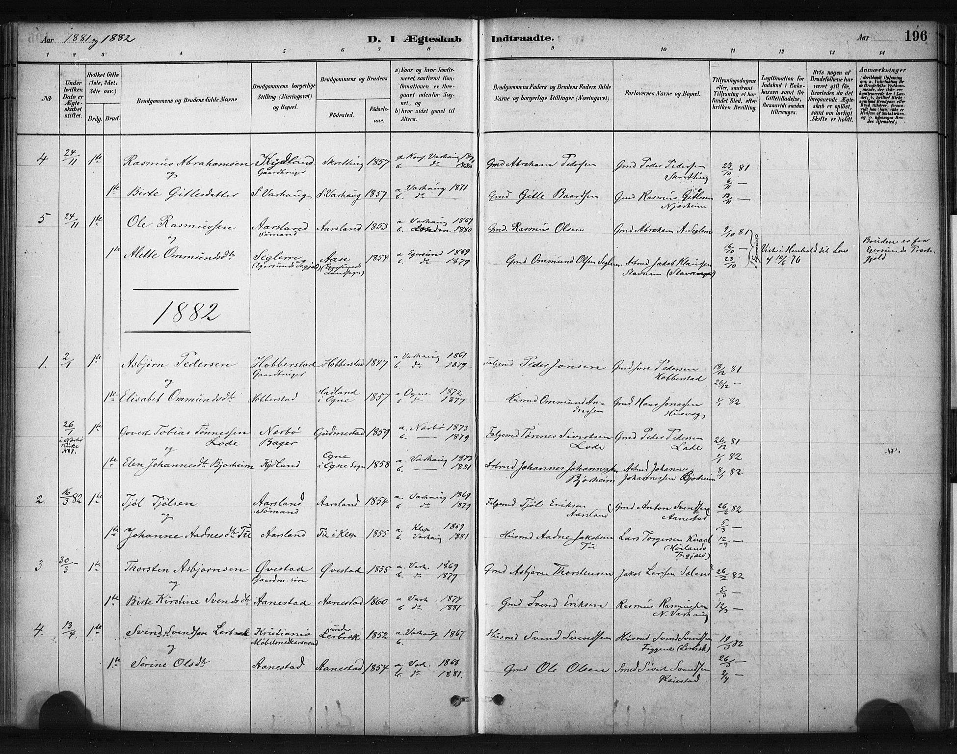 Hå sokneprestkontor, AV/SAST-A-101801/001/30BA/L0011: Ministerialbok nr. A 10, 1879-1900, s. 196