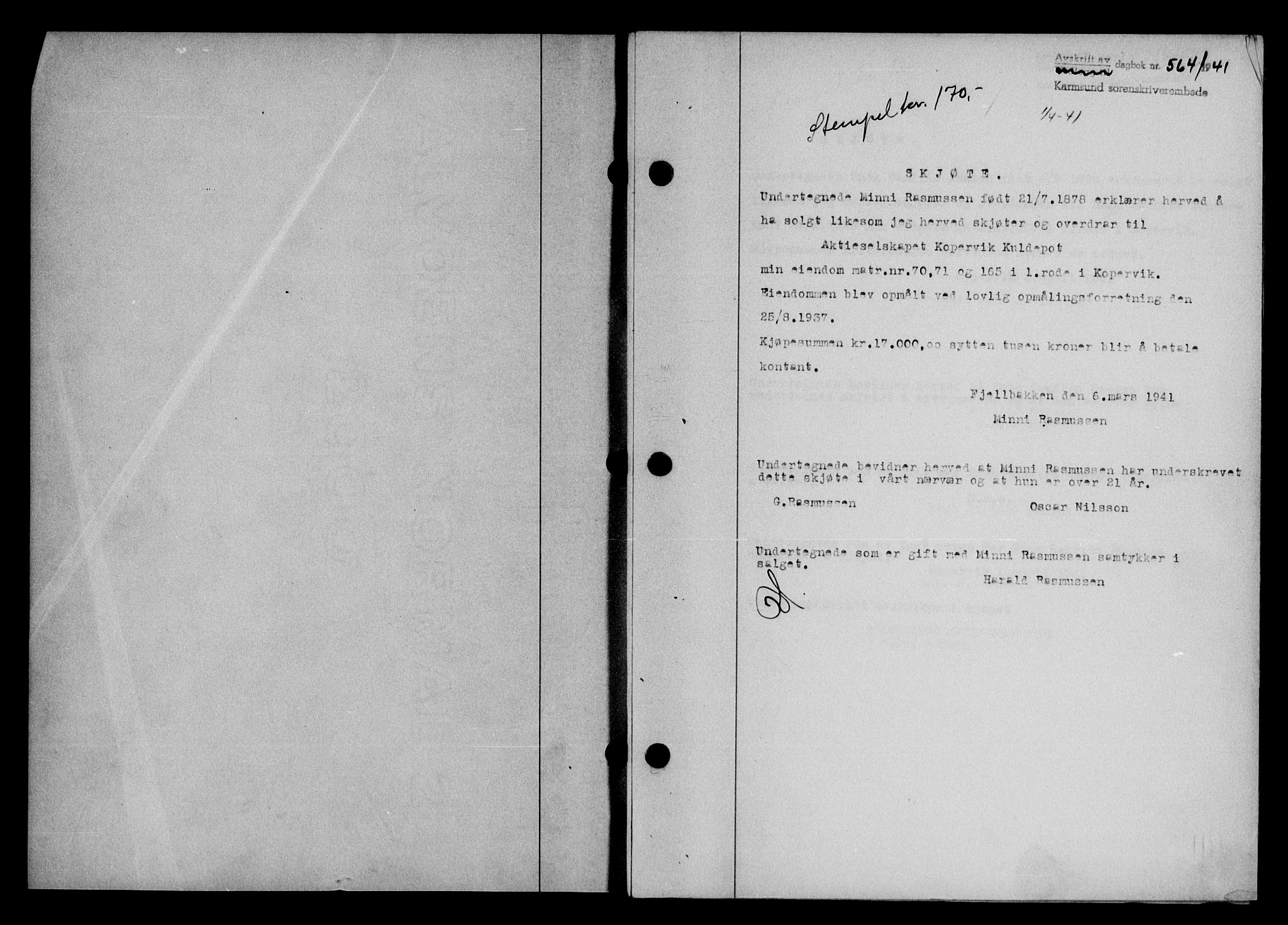 Karmsund sorenskriveri, SAST/A-100311/01/II/IIB/L0075: Pantebok nr. 56A, 1941-1941, Dagboknr: 564/1941