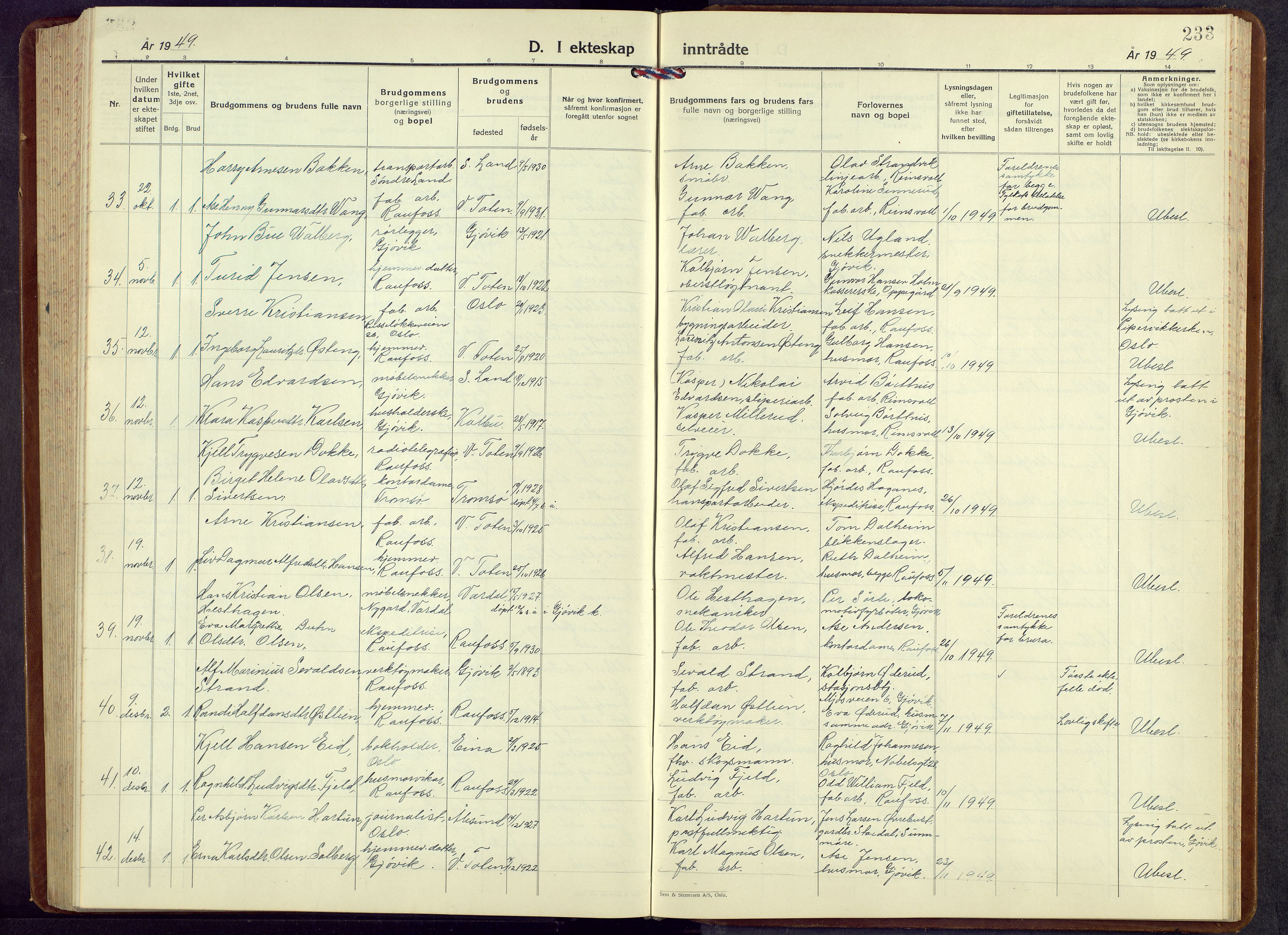 Vestre Toten prestekontor, AV/SAH-PREST-108/H/Ha/Hab/L0013: Klokkerbok nr. 13, 1940-1956, s. 233