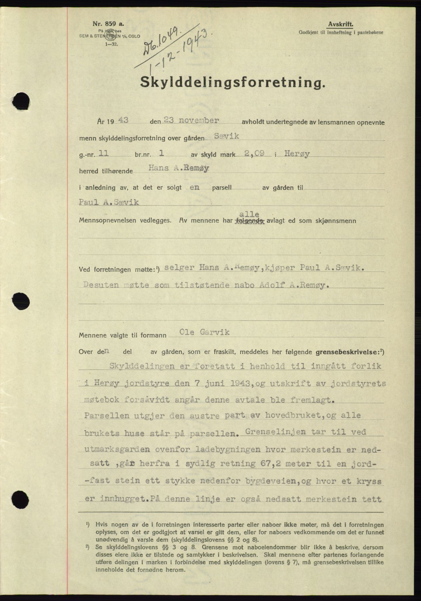 Søre Sunnmøre sorenskriveri, SAT/A-4122/1/2/2C/L0075: Pantebok nr. 1A, 1943-1943, Dagboknr: 1049/1943