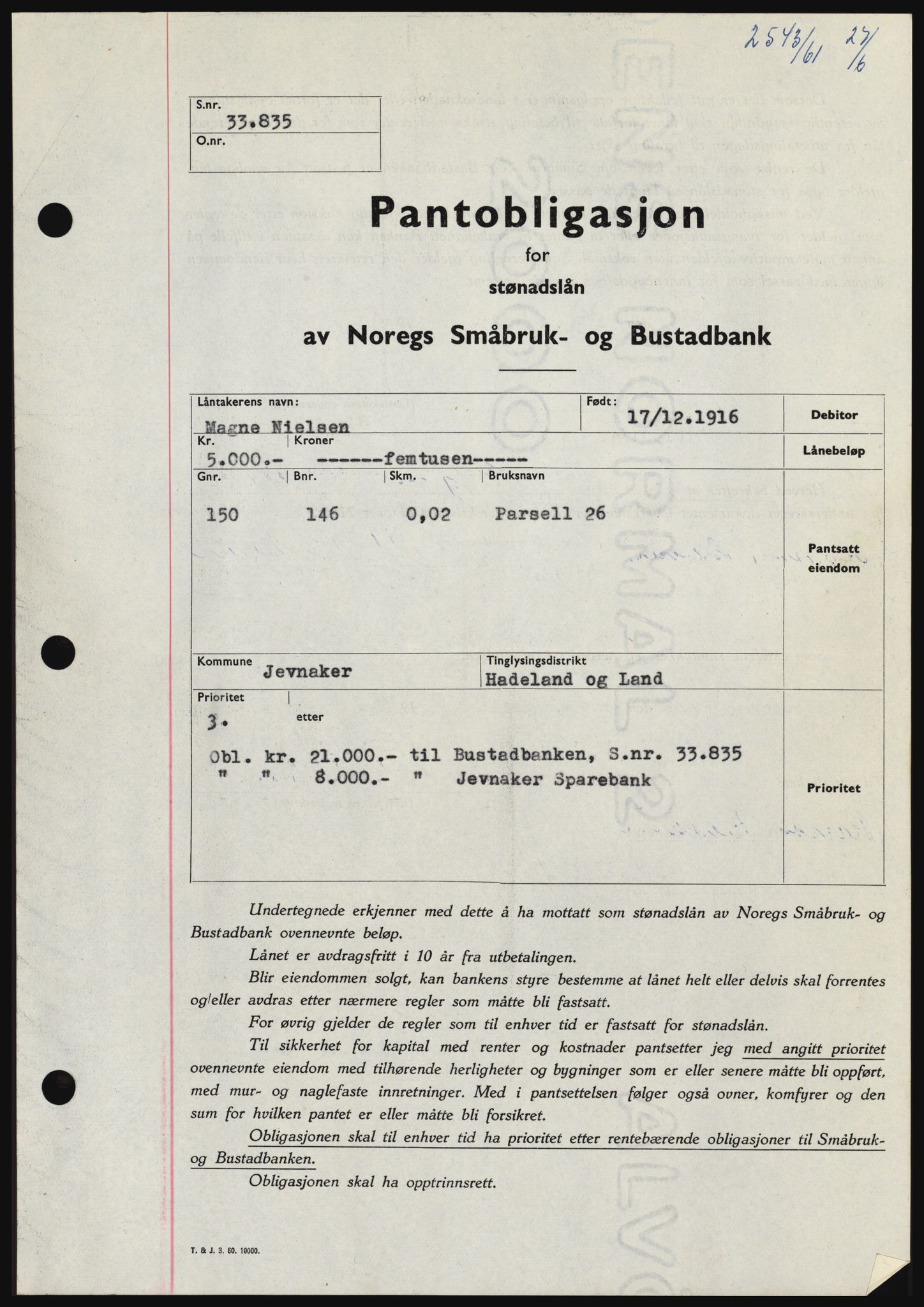 Hadeland og Land tingrett, SAH/TING-010/H/Hb/Hbc/L0046: Pantebok nr. B46, 1961-1961, Dagboknr: 2543/1961