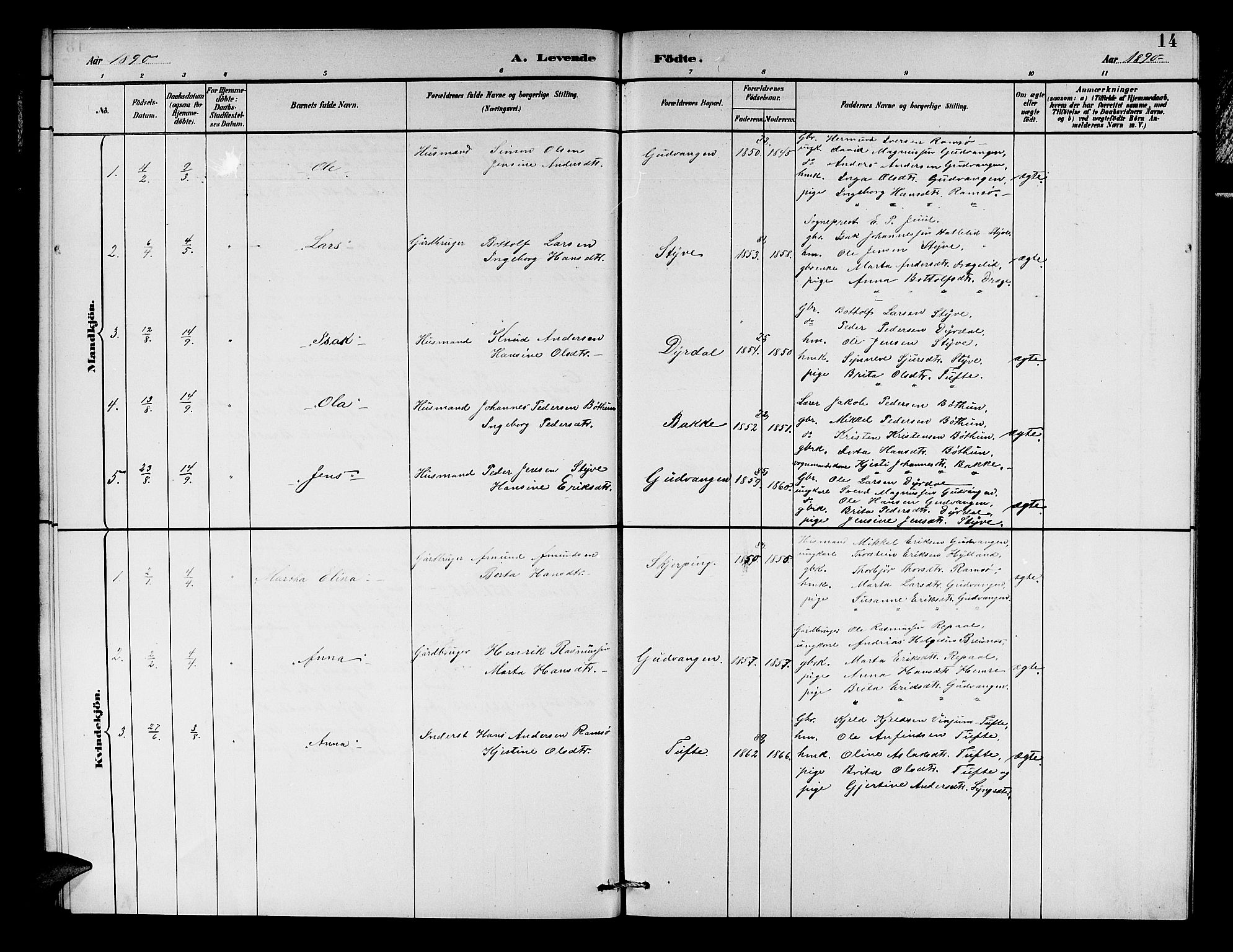 Aurland sokneprestembete, SAB/A-99937/H/Hb/Hbc/L0002: Klokkerbok nr. C 2, 1883-1900, s. 14