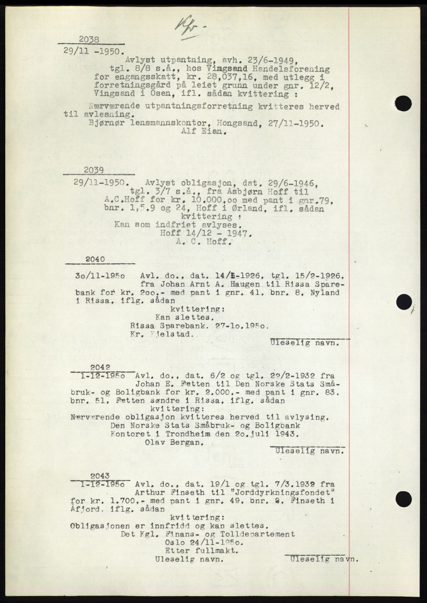 Fosen sorenskriveri, AV/SAT-A-1107/1/2/2C: Pantebok nr. B3, 1948-1950, Dagboknr: 2038/1950