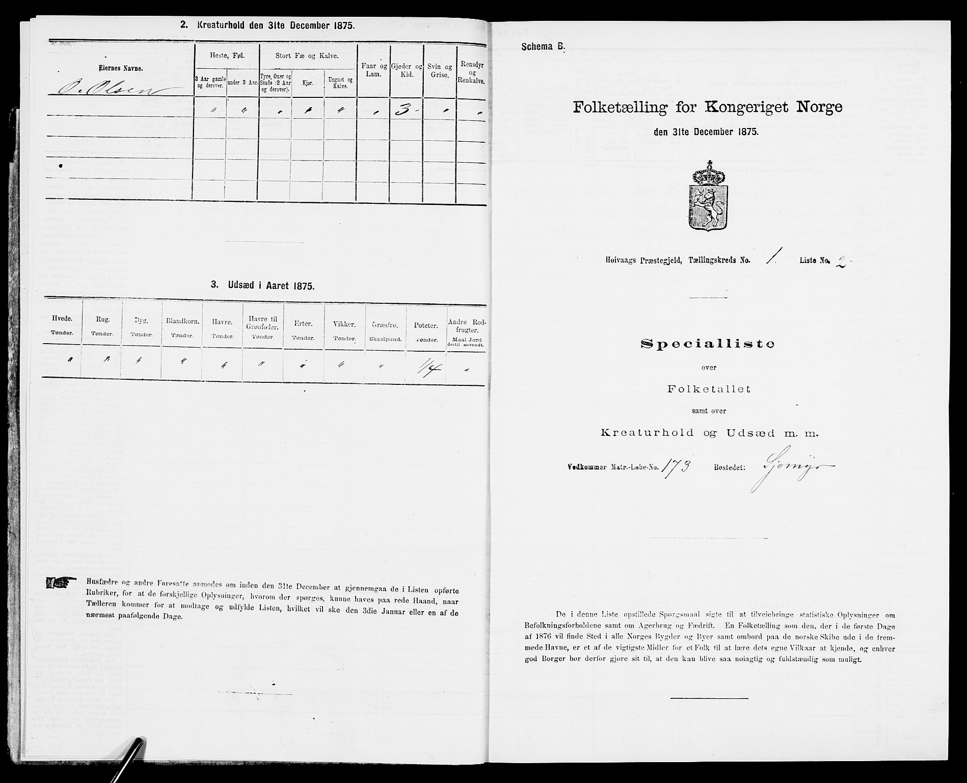 SAK, Folketelling 1875 for 0927P Høvåg prestegjeld, 1875, s. 45