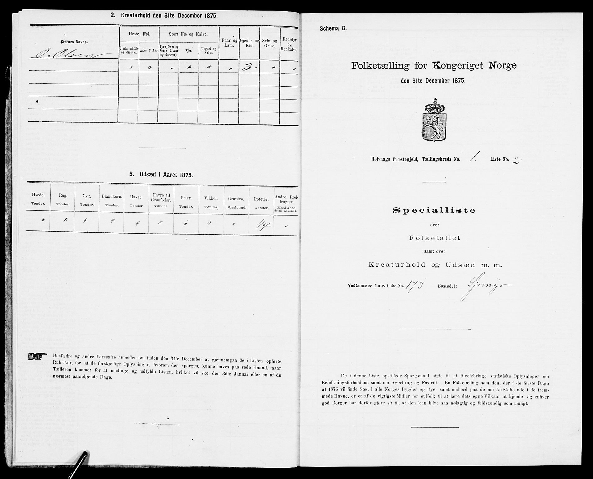 SAK, Folketelling 1875 for 0927P Høvåg prestegjeld, 1875, s. 45