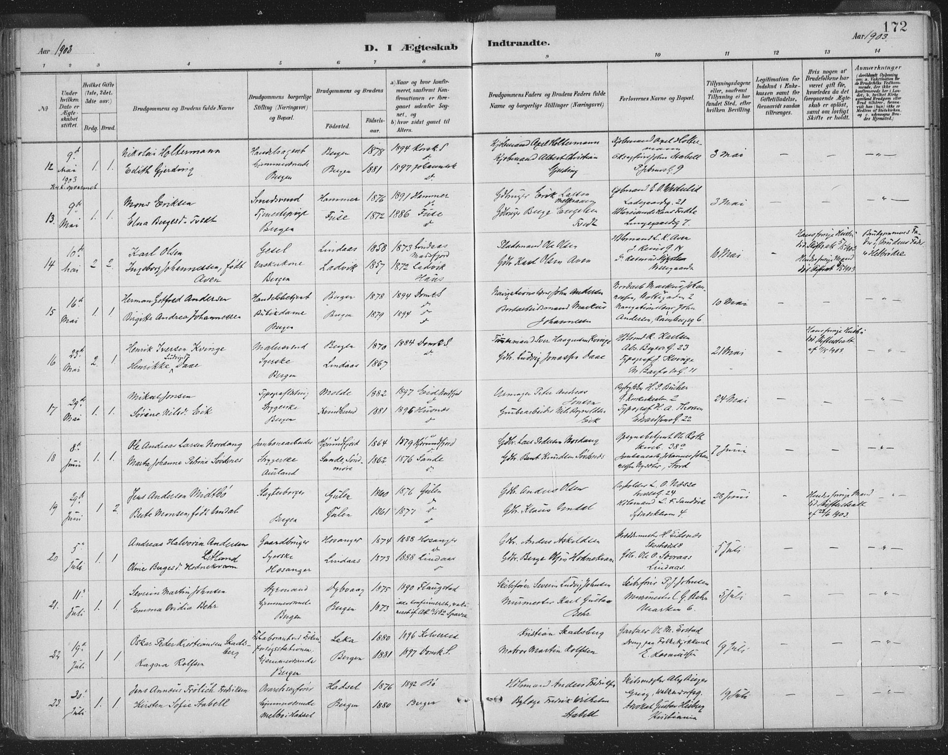 Domkirken sokneprestembete, AV/SAB-A-74801/H/Hab/L0032: Klokkerbok nr. D 4, 1880-1907, s. 172