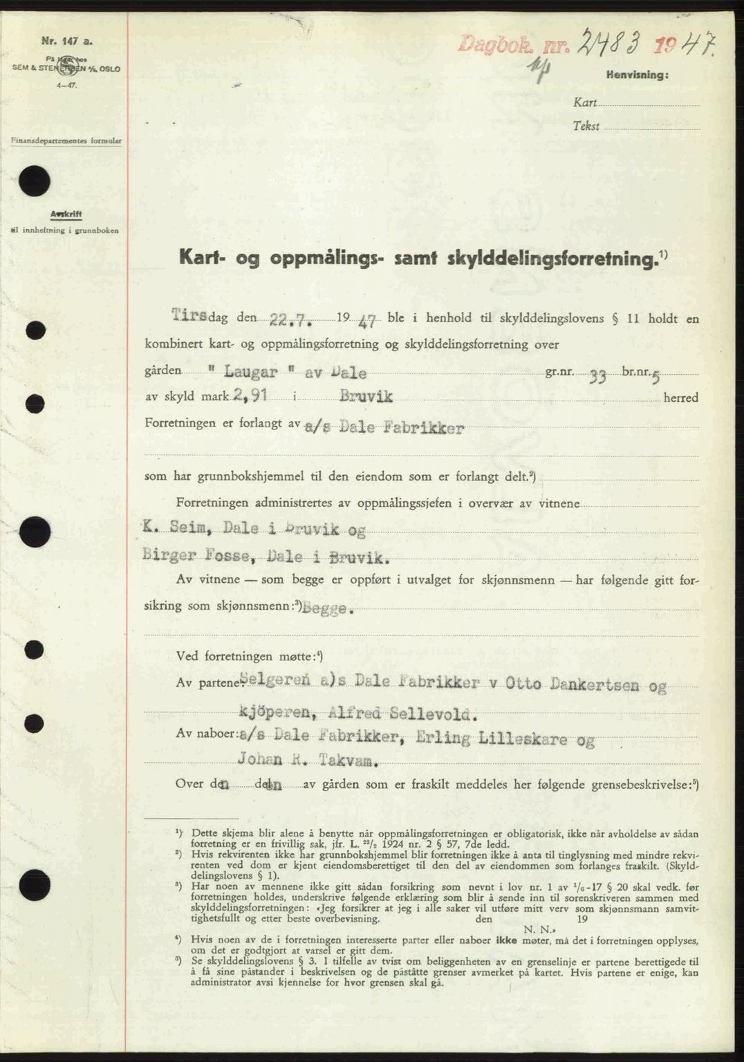 Nordhordland sorenskrivar, SAB/A-2901/1/G/Gb/Gbf/L0032: Pantebok nr. A32, 1947-1947, Dagboknr: 2483/1947