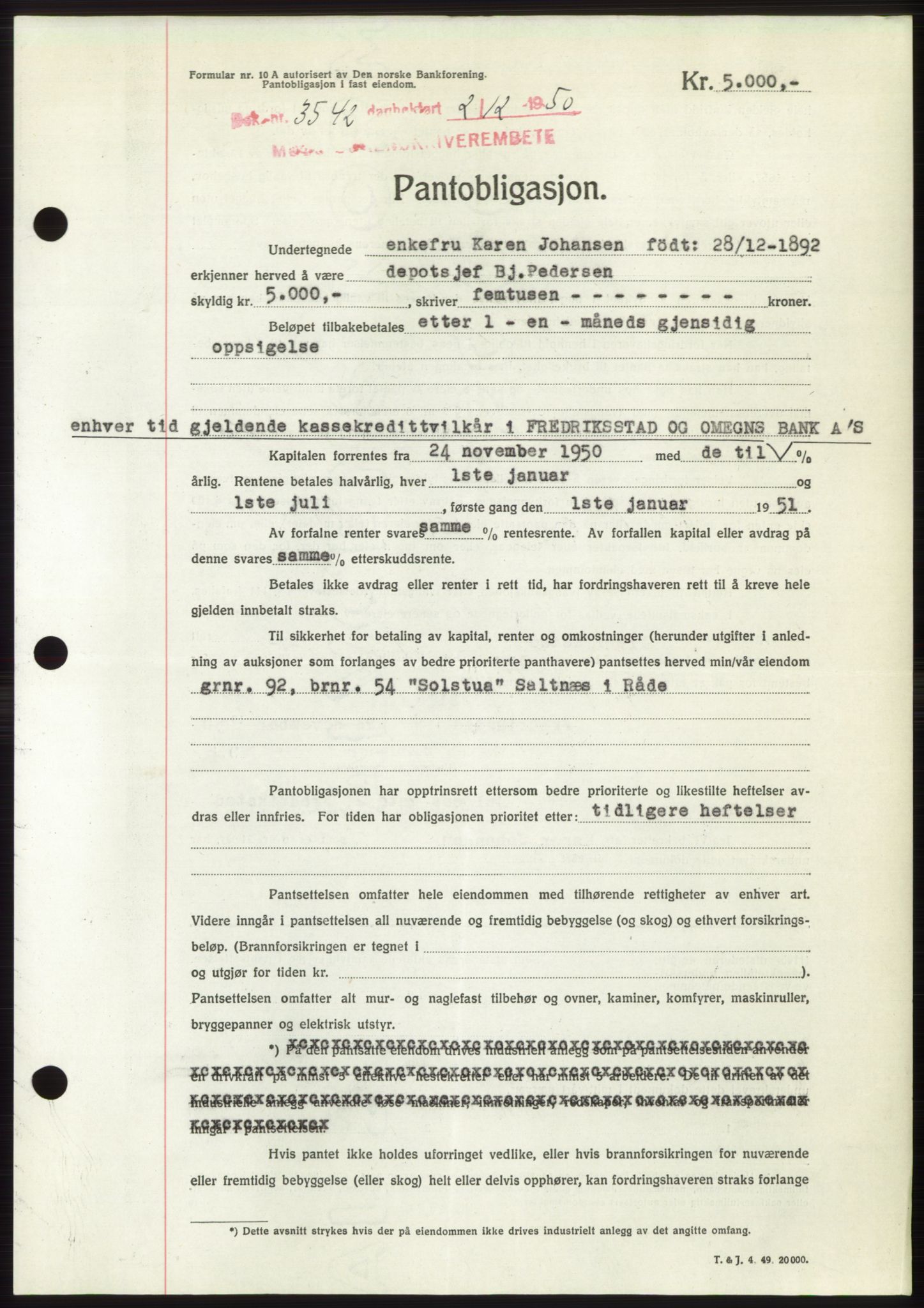 Moss sorenskriveri, SAO/A-10168: Pantebok nr. B25, 1950-1950, Dagboknr: 3542/1950