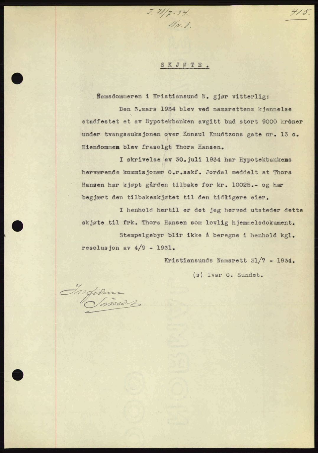 Kristiansund byfogd, AV/SAT-A-4587/A/27: Pantebok nr. 27, 1933-1934, Tingl.dato: 31.07.1934