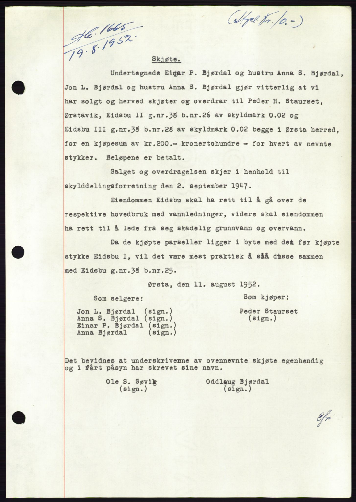 Søre Sunnmøre sorenskriveri, AV/SAT-A-4122/1/2/2C/L0092: Pantebok nr. 18A, 1952-1952, Dagboknr: 1665/1952