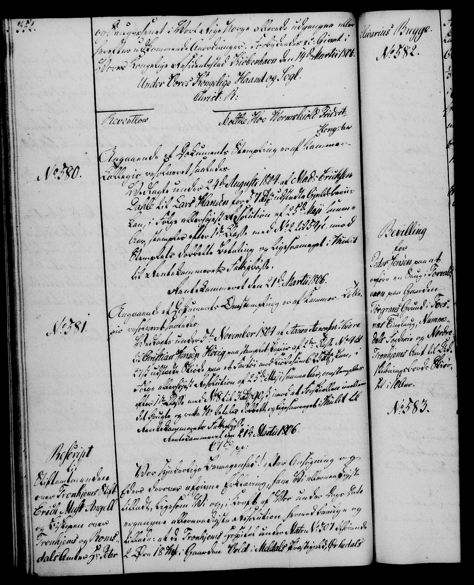 Rentekammeret, Kammerkanselliet, RA/EA-3111/G/Gg/Gga/L0018: Norsk ekspedisjonsprotokoll med register (merket RK 53.18), 1804-1806, s. 352